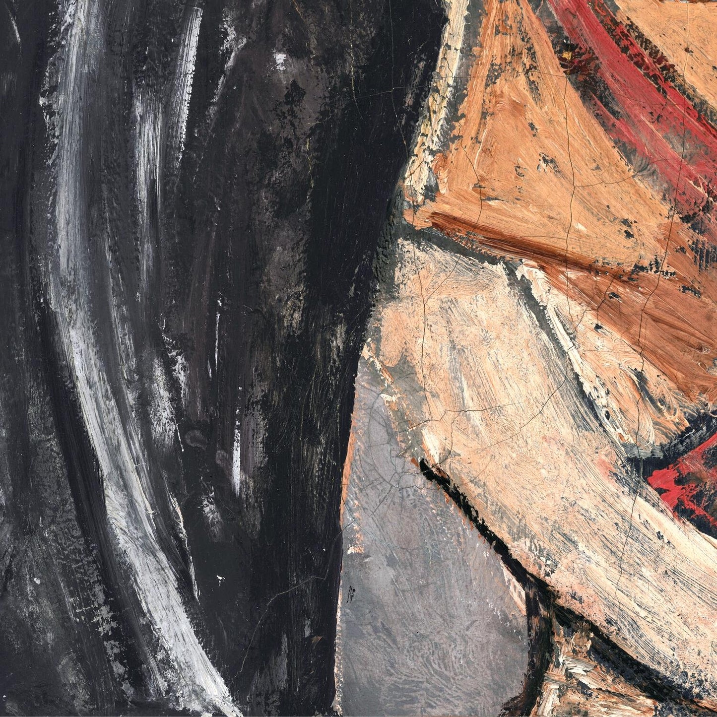 Abstract art with black, brown, and red colors on a textured surface