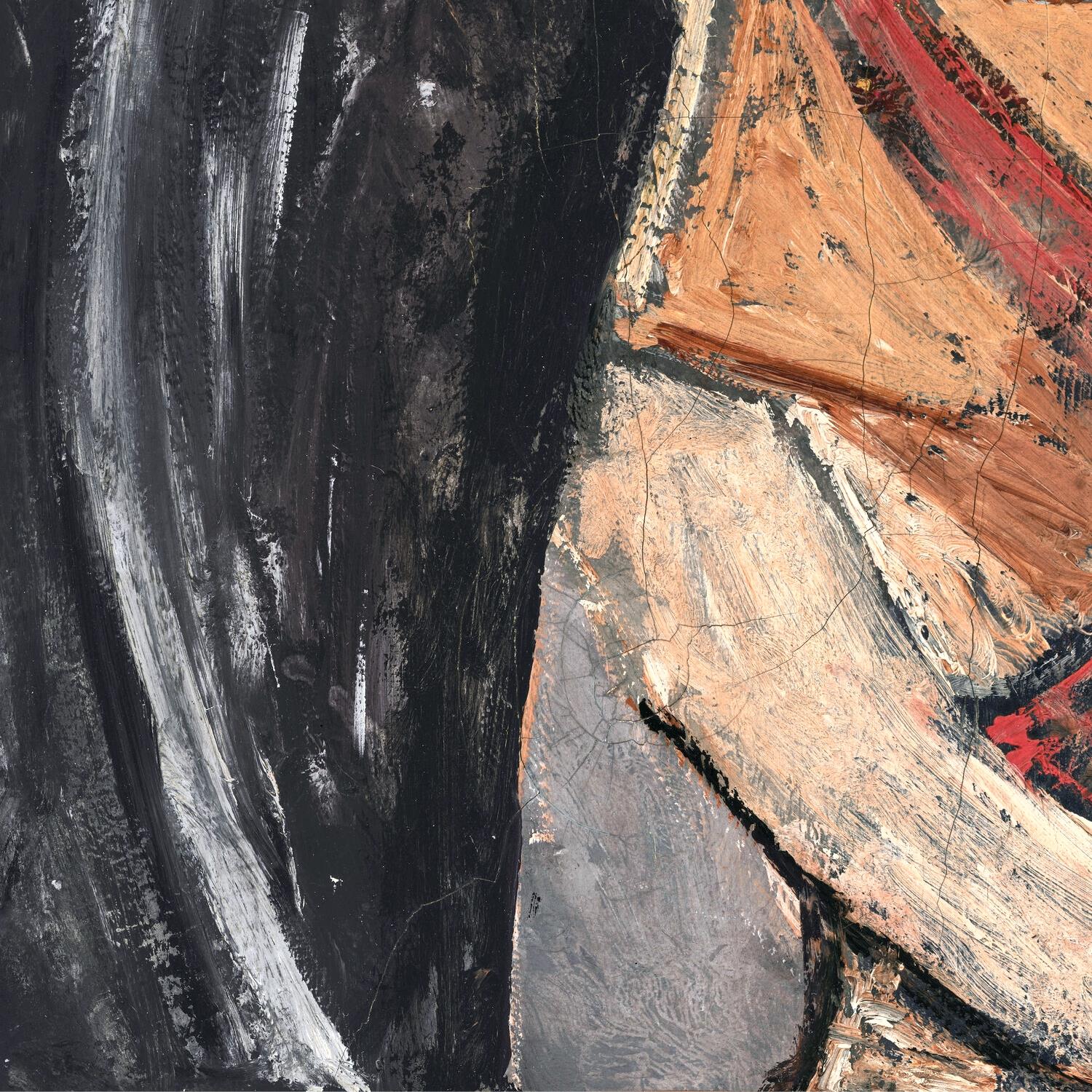Abstract art with black, brown, and red colors on a textured surface