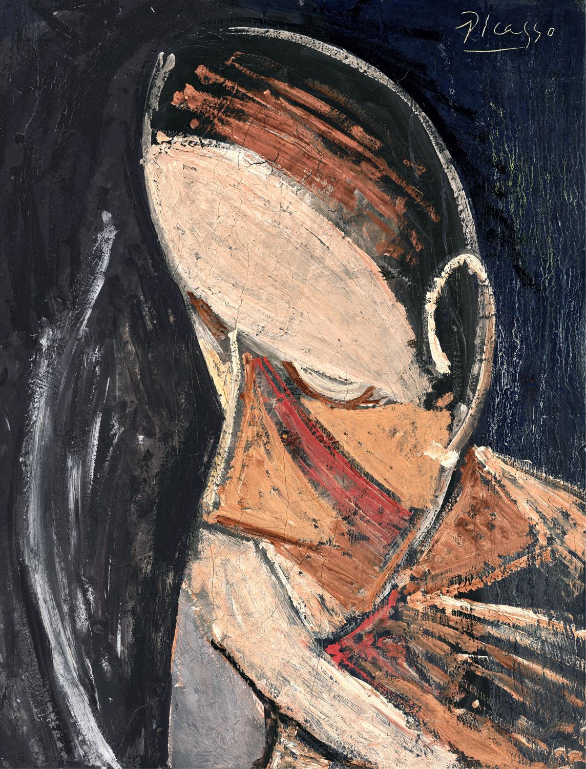Abstract artwork with a stylized face and dark background