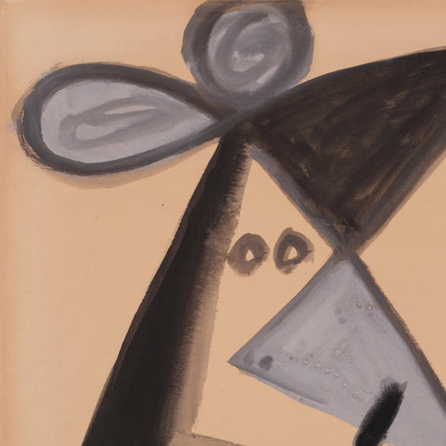Abstract art with black, gray, and brown shapes on a beige background