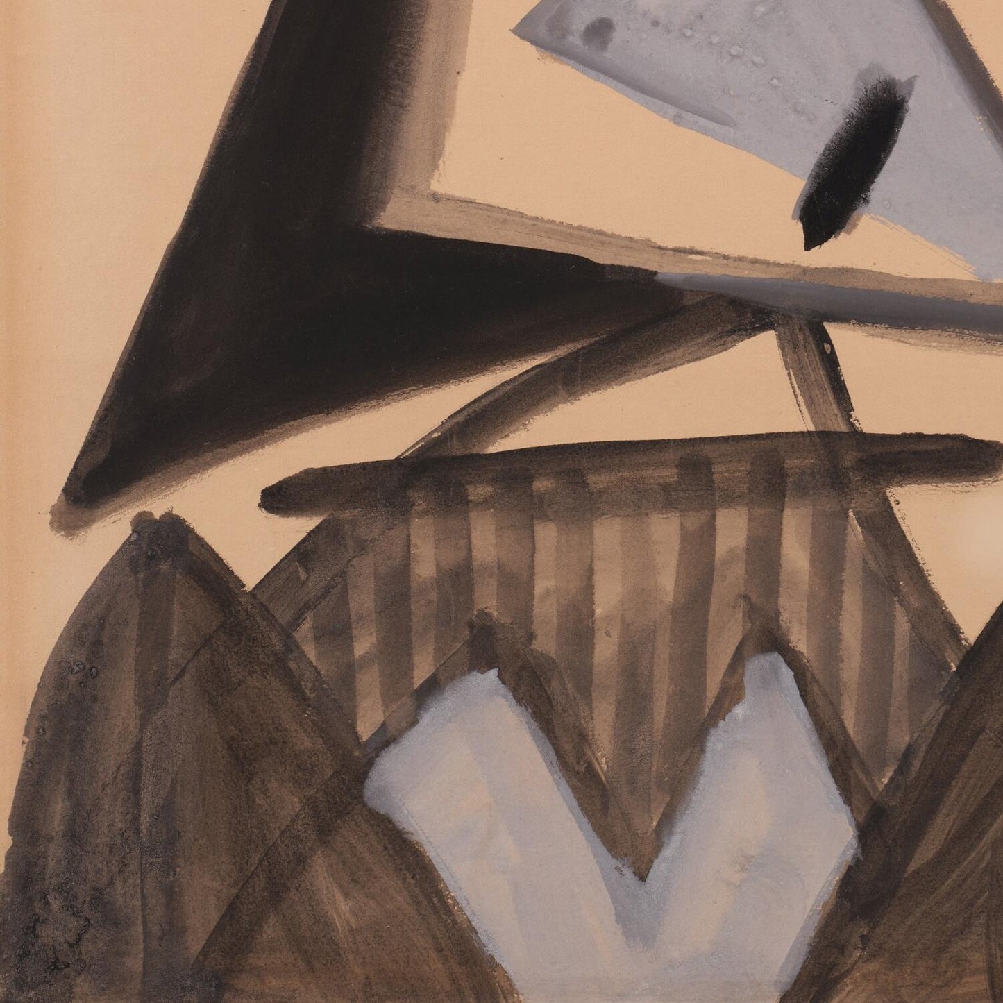 Abstract art with geometric shapes in black, brown, and gray on a beige background