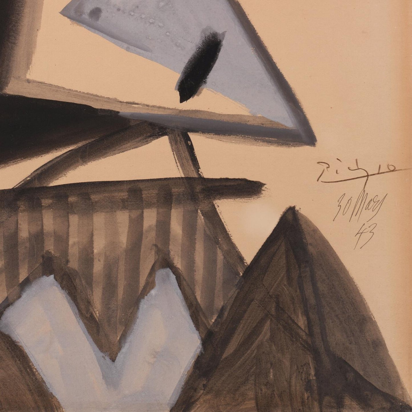 Abstract art piece with geometric shapes on a beige background, signed by the artist.