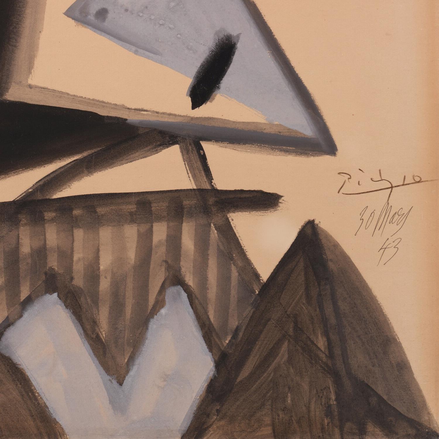 Abstract art piece with geometric shapes on a beige background, signed by the artist.