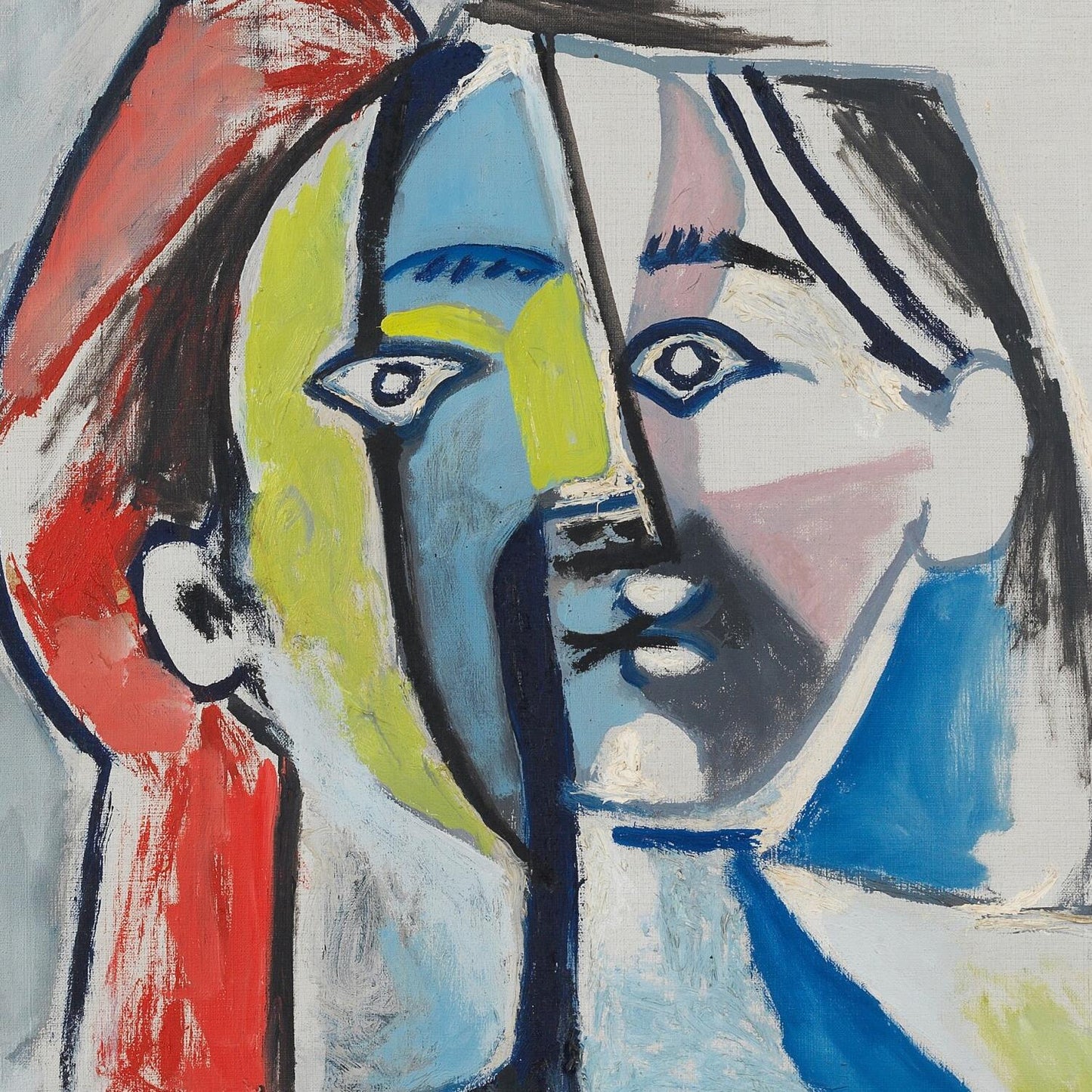 Abstract artwork with two faces in profile, using a limited color palette.