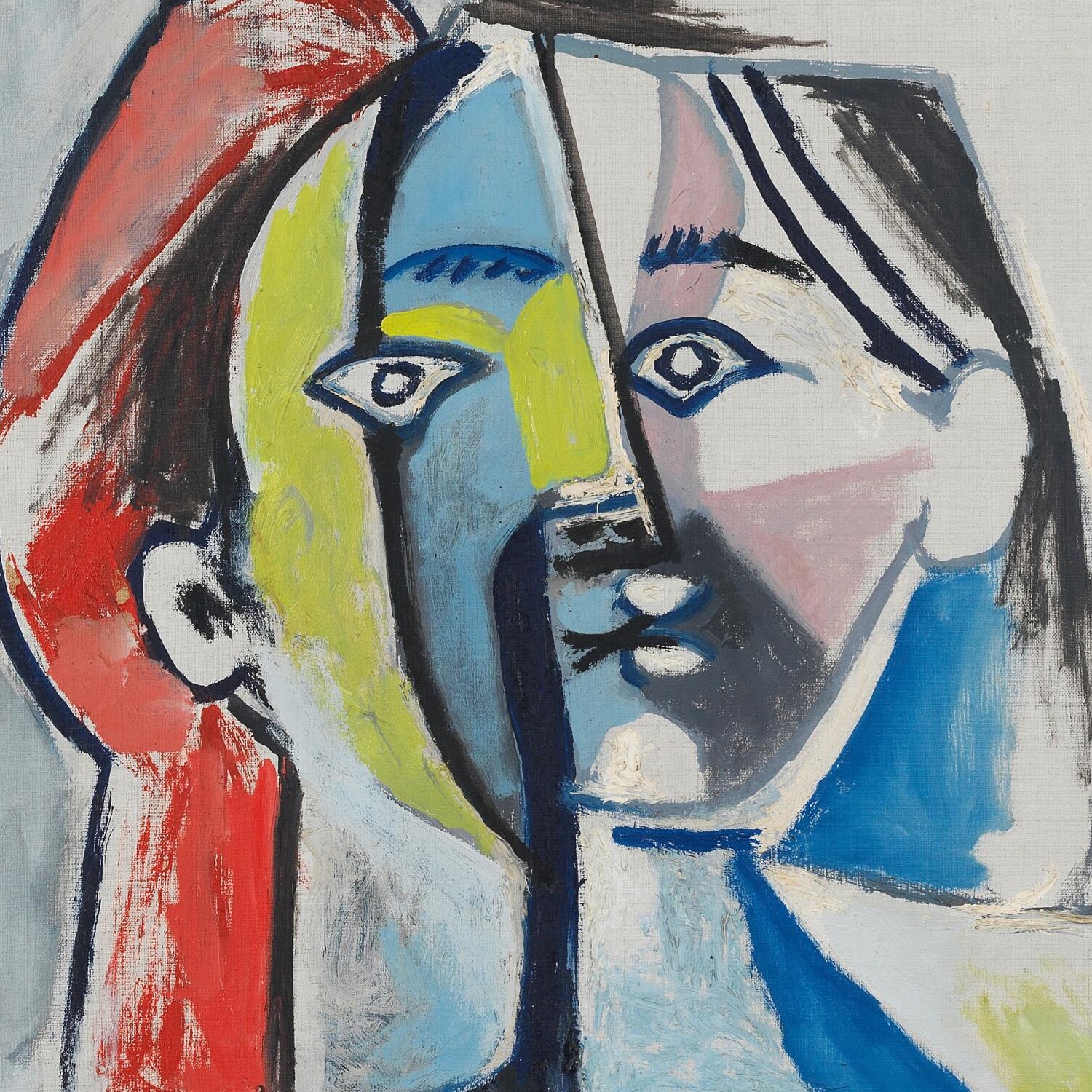 Abstract artwork with two faces in profile, using a limited color palette.