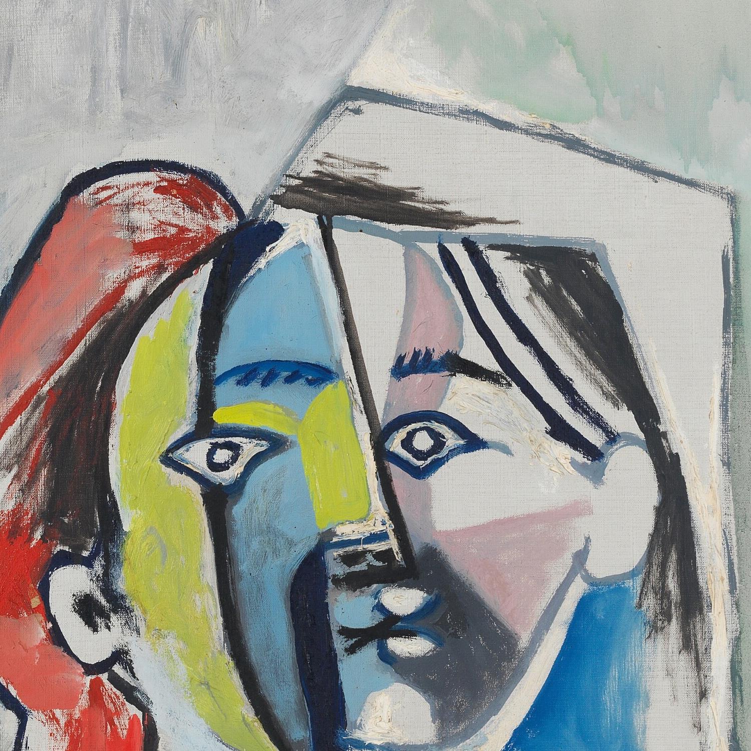 Abstract painting of two faces with bold colors and geometric shapes