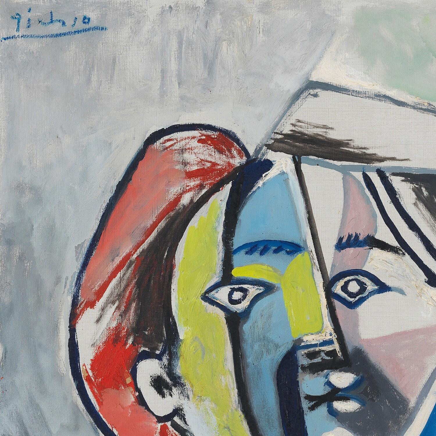Abstract painting with colorful faces on a textured gray background