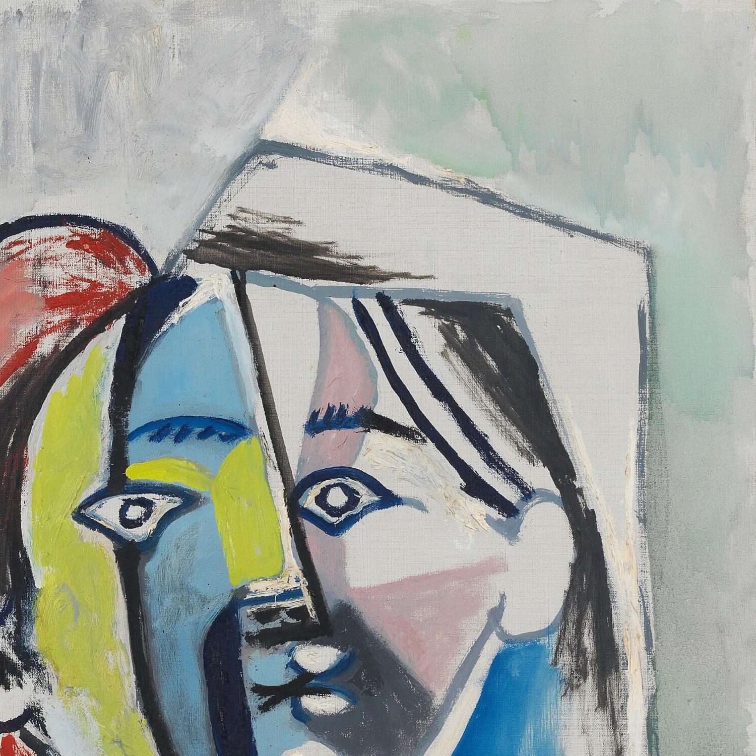Abstract artwork with colorful faces on a gray background