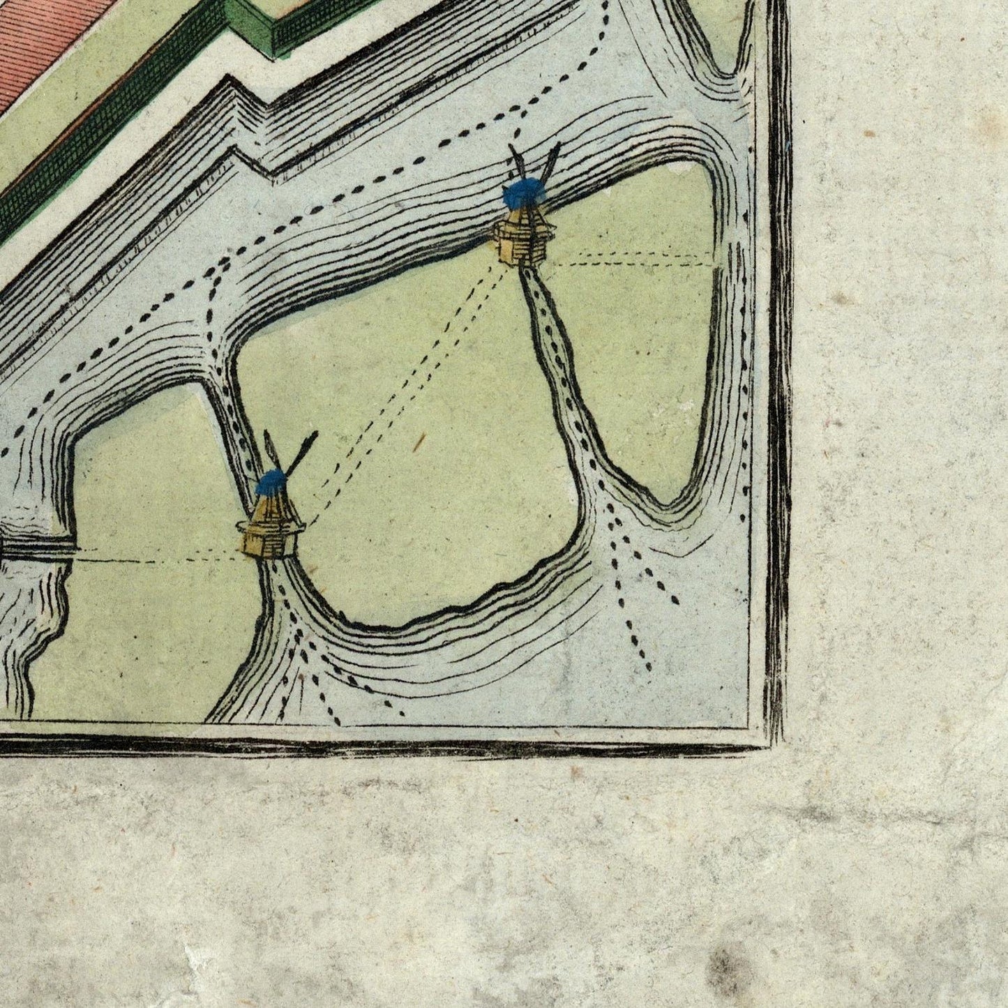Vintage map or diagram with two small illustrations of windmills on a textured background