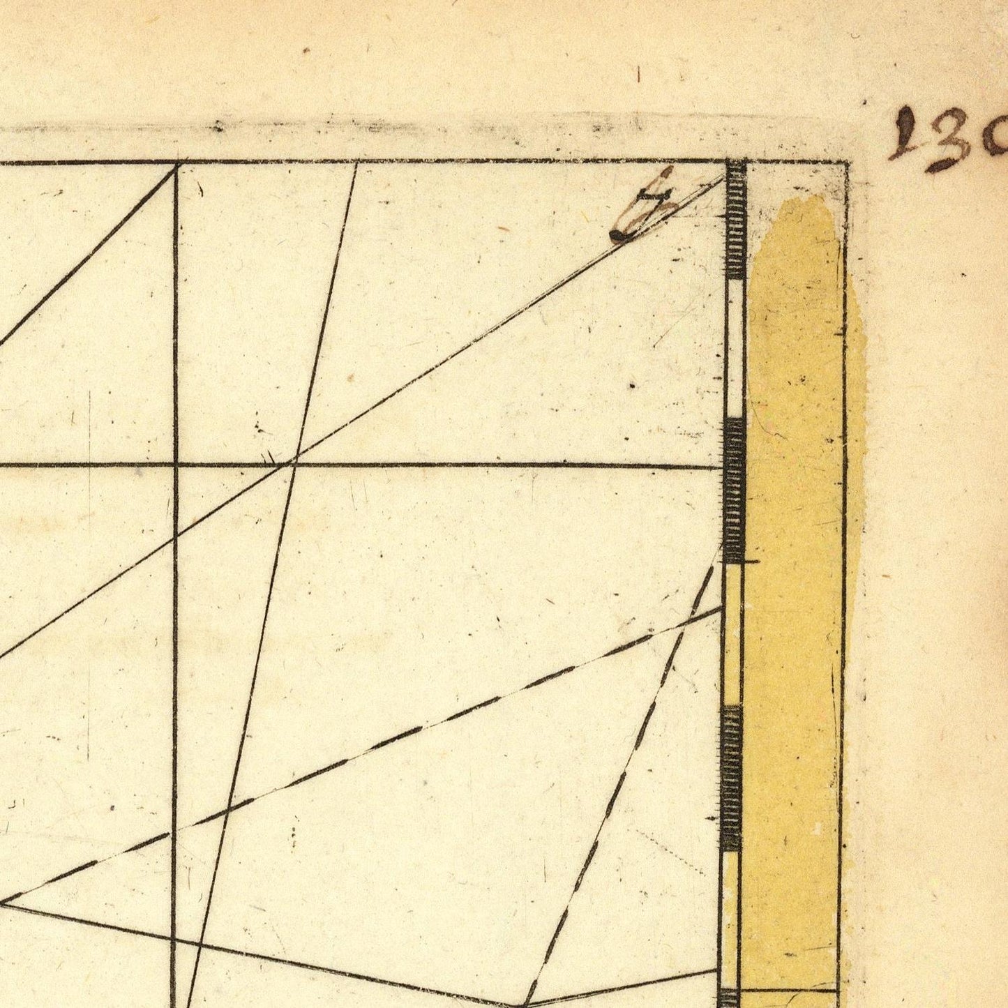 Technical drawing with geometric lines and a yellow vertical bar on a beige background