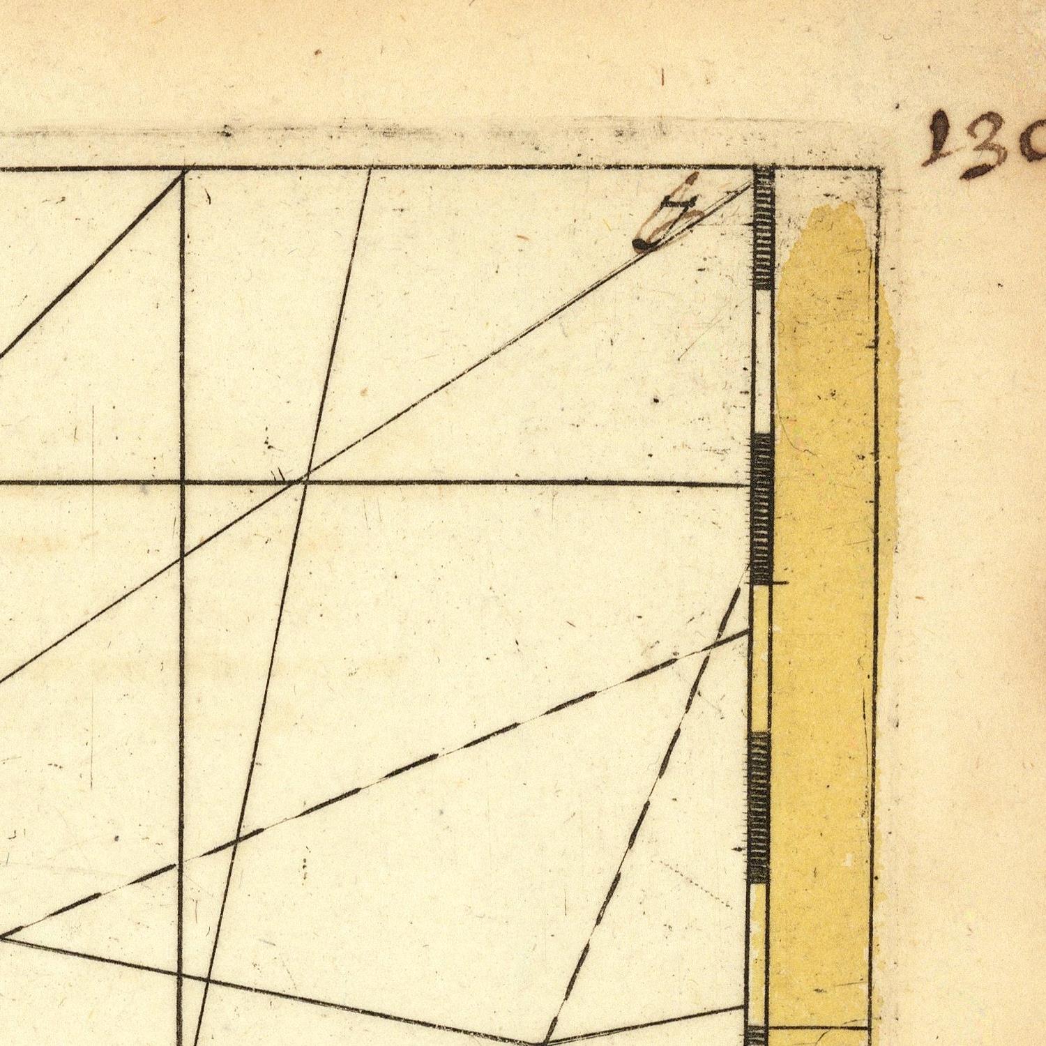 Technical drawing with geometric lines and a yellow vertical bar on a beige background