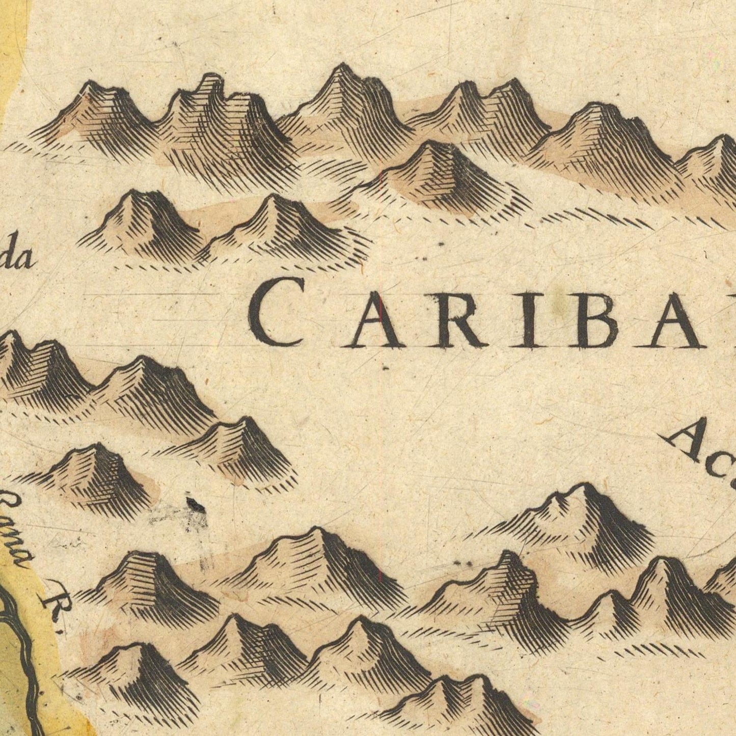 Vintage map detail with mountain illustration and 'Cariba' text on a textured background