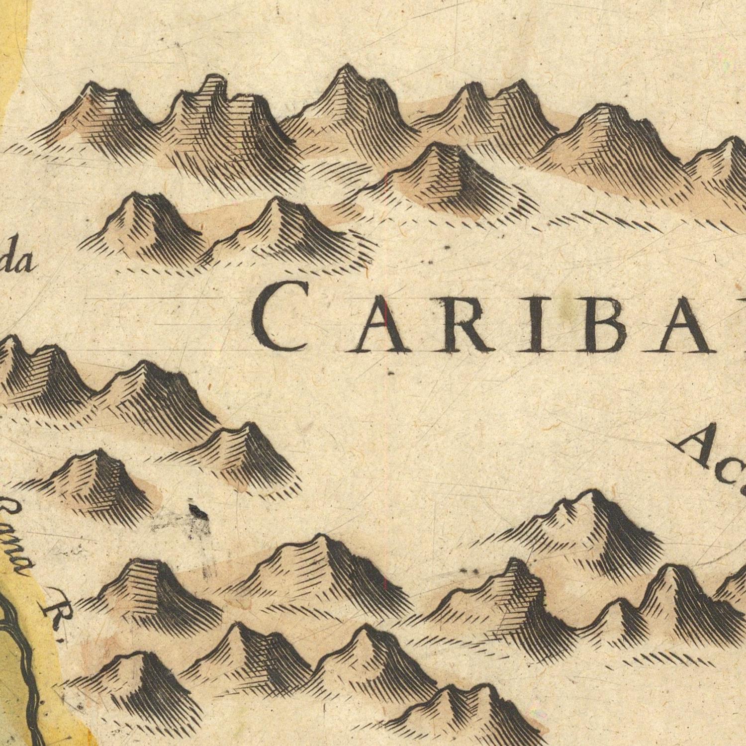 Vintage map detail with mountain illustration and 'Cariba' text on a textured background