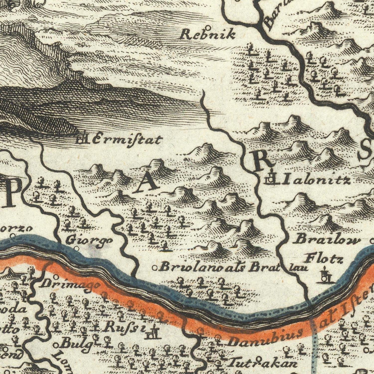 Vintage map detail with topographic features and labeled places