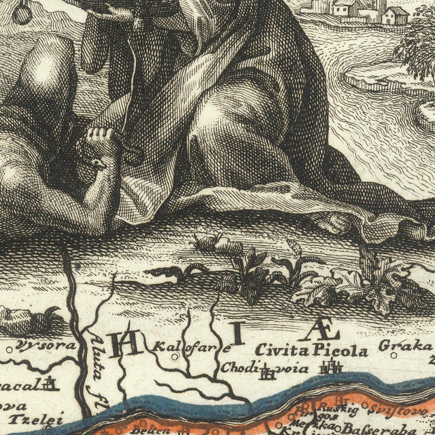 Vintage map with a person lying on the ground and text