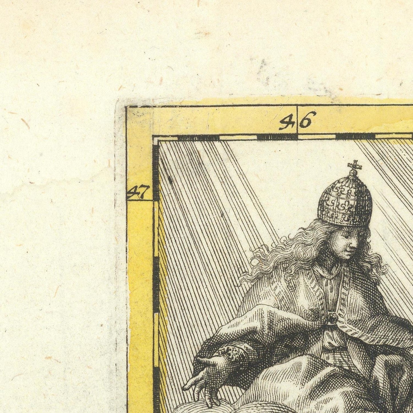 Vintage illustration of a person in regal attire with a crown, framed by yellow border and numbers.