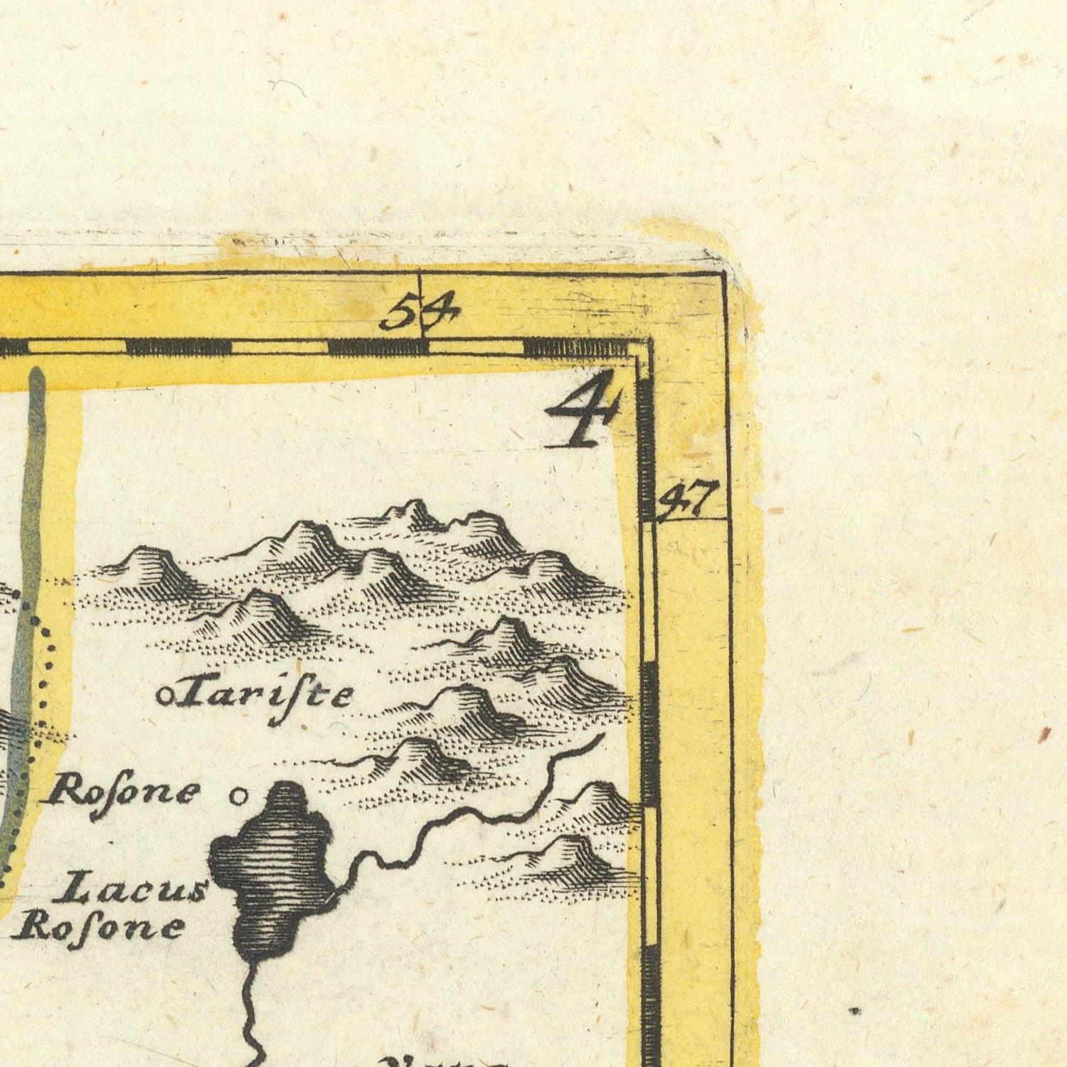 Vintage map detail with mountainous terrain labeled 'Tarifte' and 'Lacus Rosone' on a yellow border.