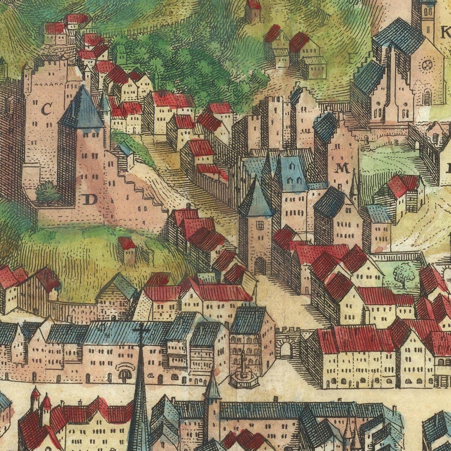 Vintage illustration of a town with red roofs and buildings
