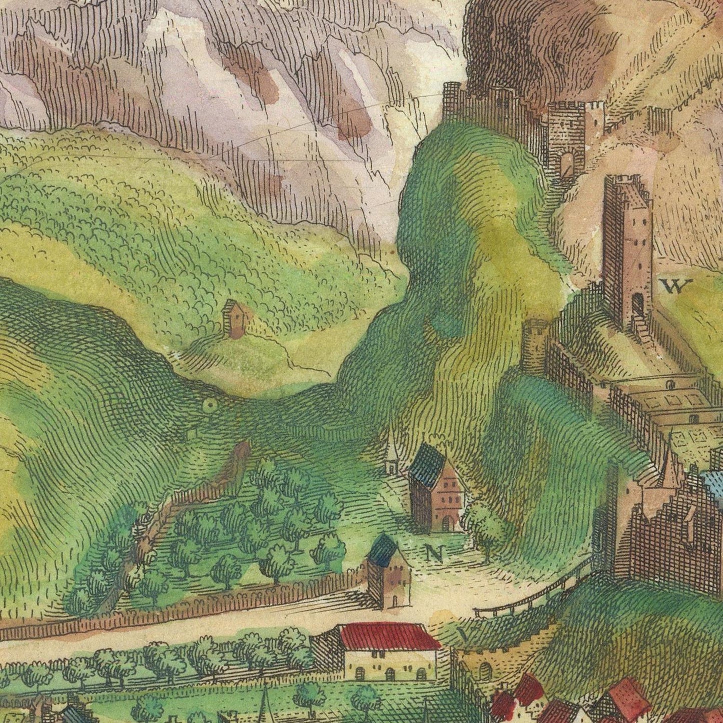 Vintage illustration of a mountainous landscape with buildings and a castle.