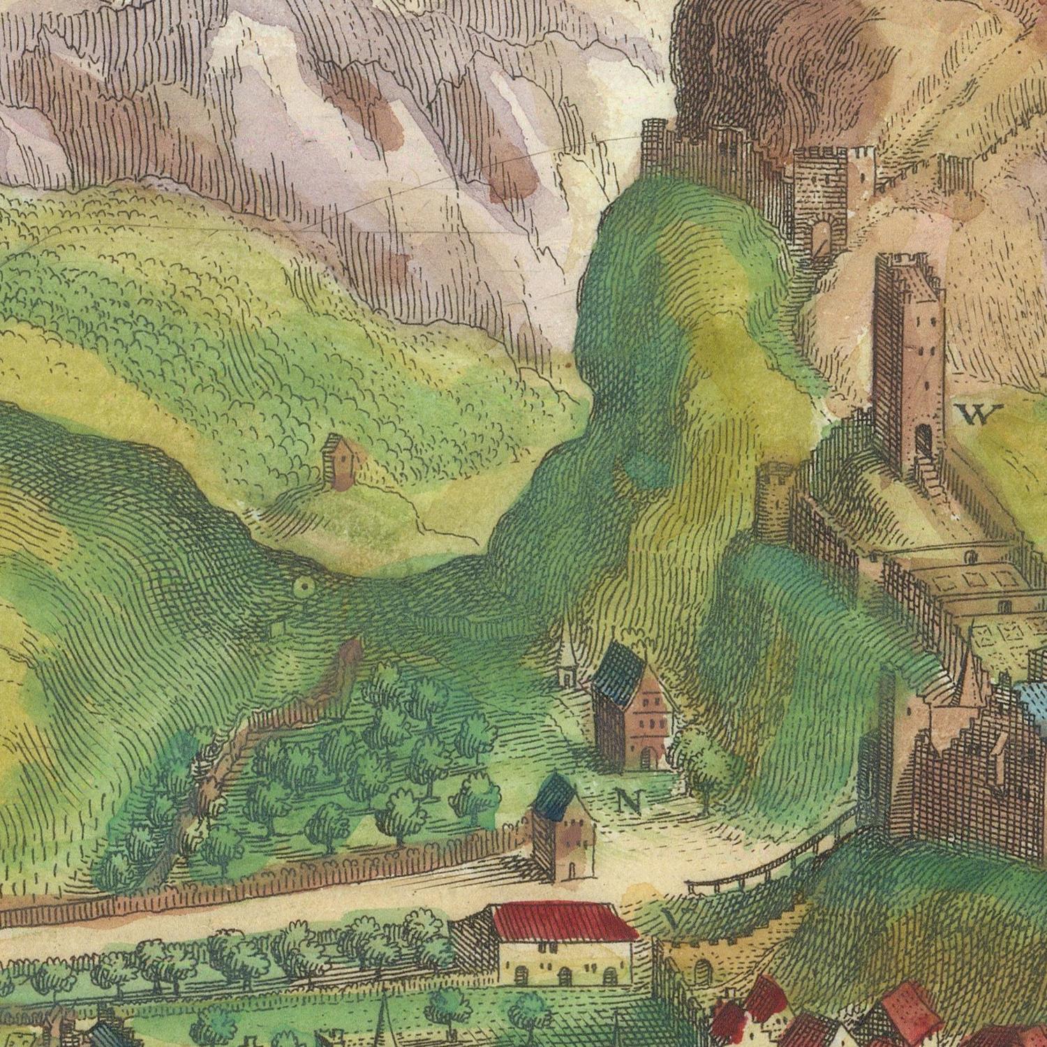 Vintage illustration of a mountainous landscape with buildings and a castle.
