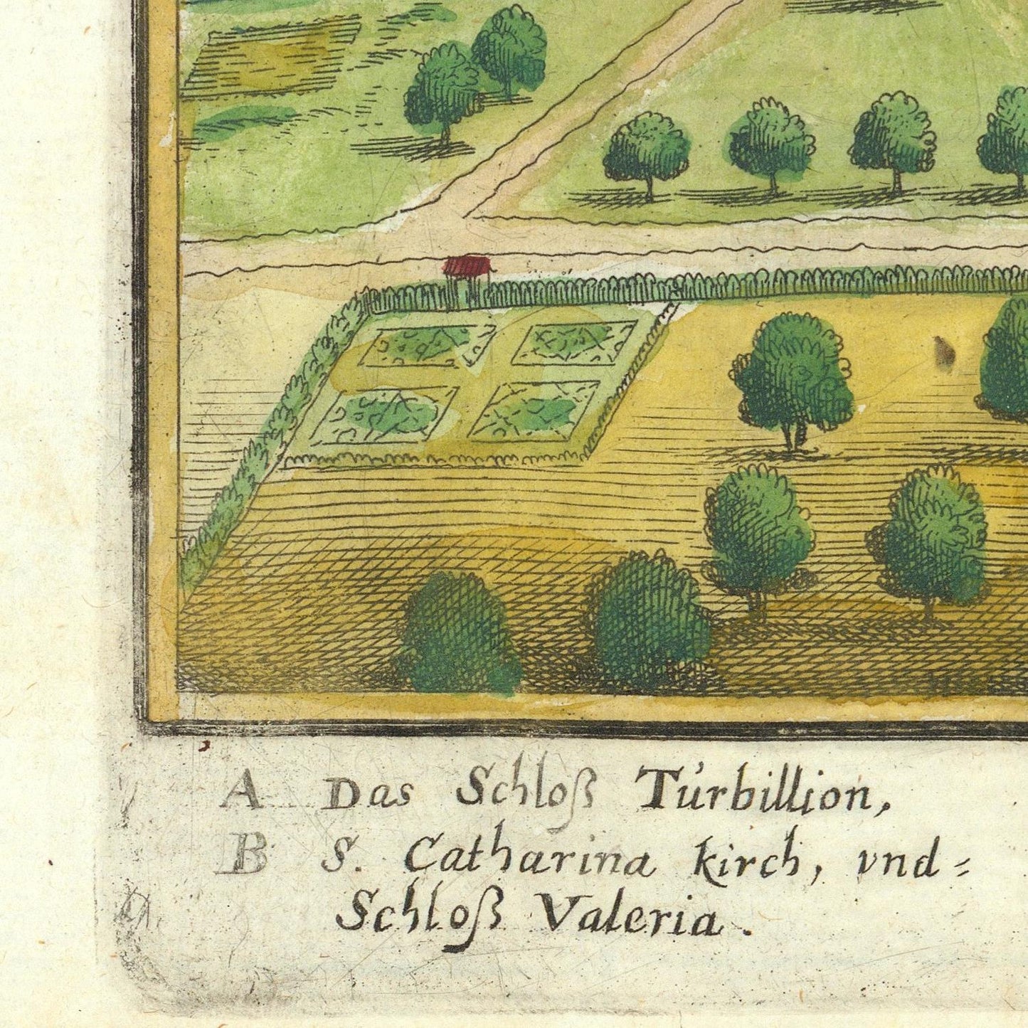 Vintage illustration of a garden layout with trees and pathways, labeled with German text.