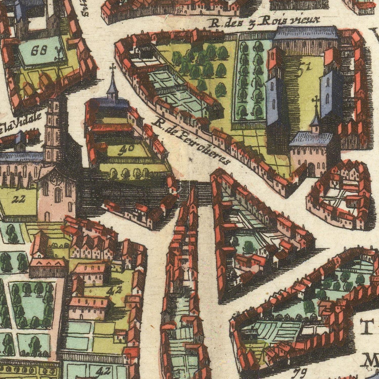 Vintage map of a city layout with streets and buildings