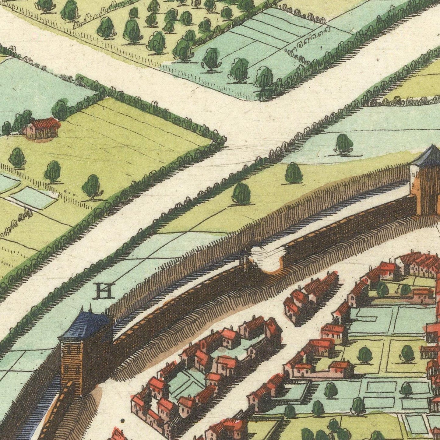 Vintage map of a town with buildings, roads, and greenery