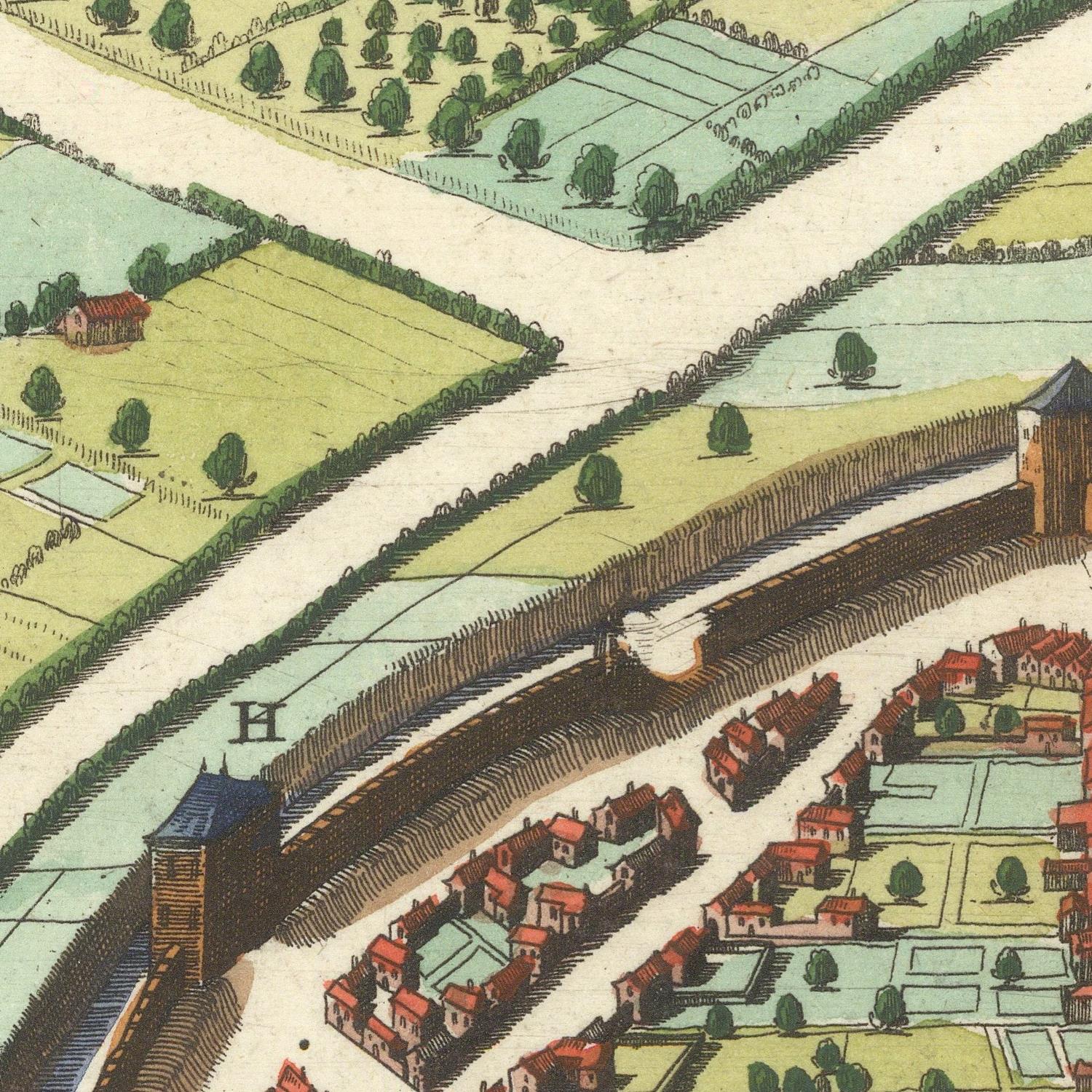 Vintage map of a town with buildings, roads, and greenery