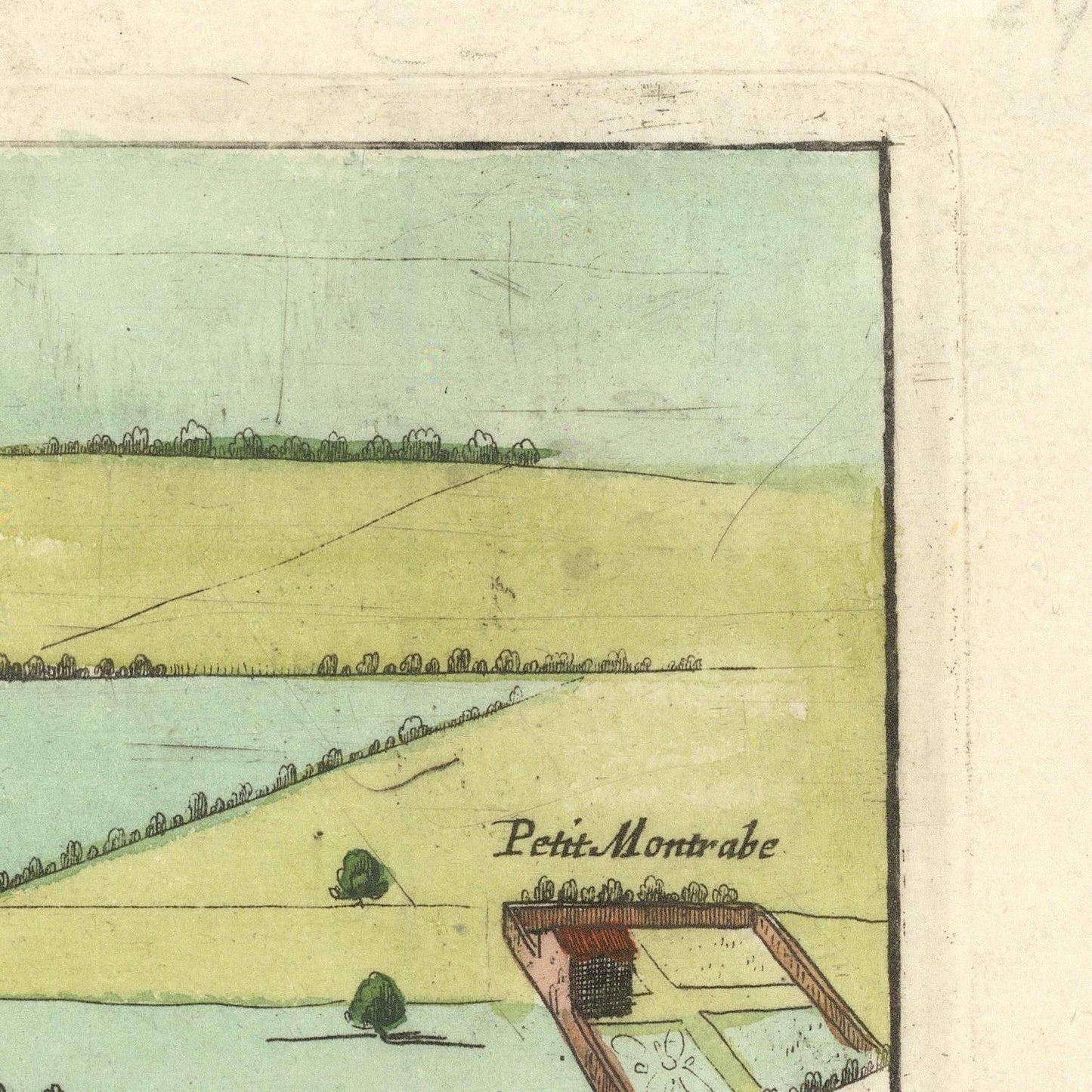 Vintage-style illustration of a landscape with 'Petit Montrabe' labeled