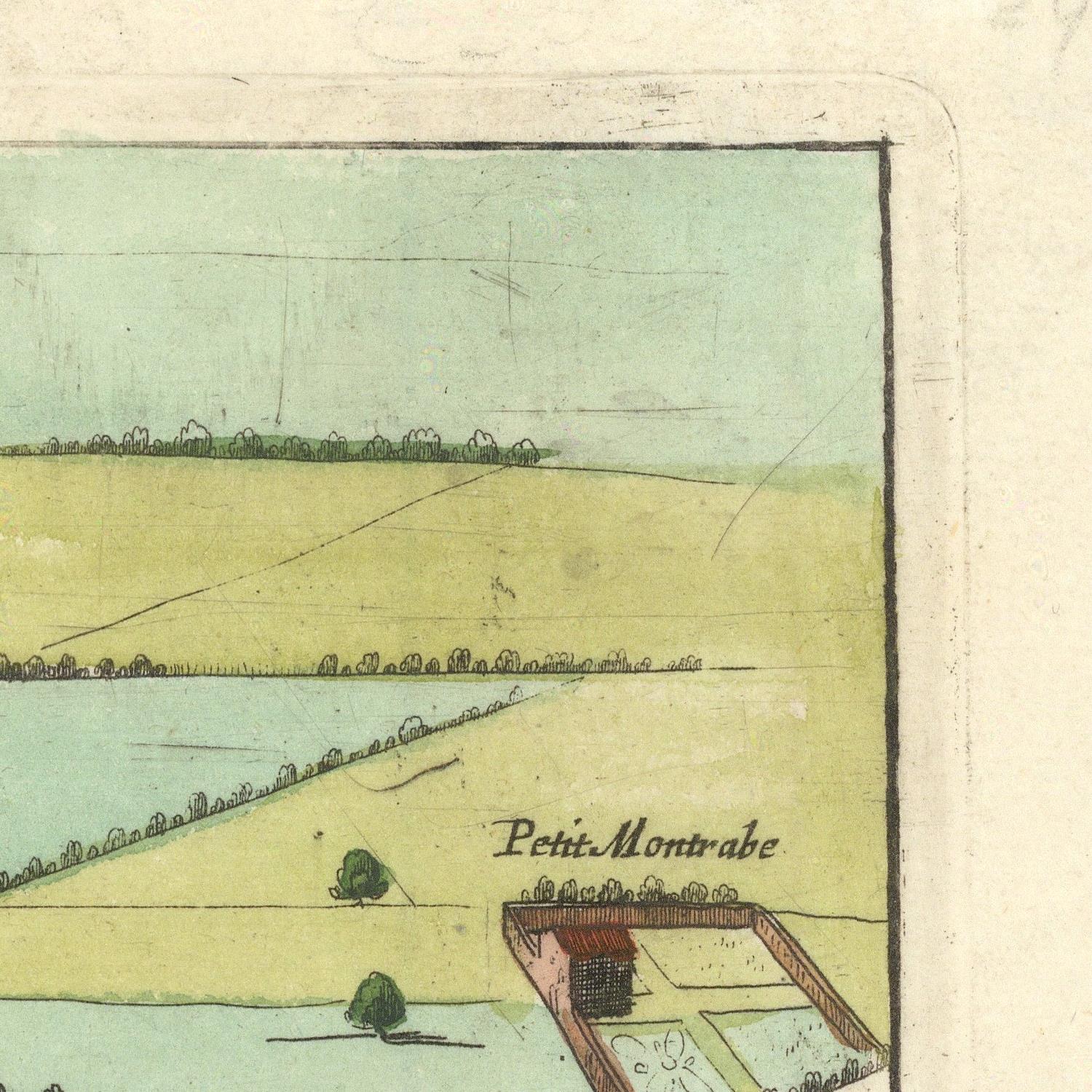 Vintage-style illustration of a landscape with 'Petit Montrabe' labeled