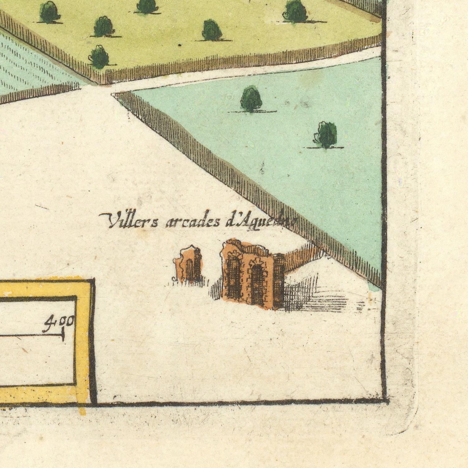 Vintage map or diagram showing architectural ruins labeled 'Villers arcades d'Aque', with greenery and a fence in the background.