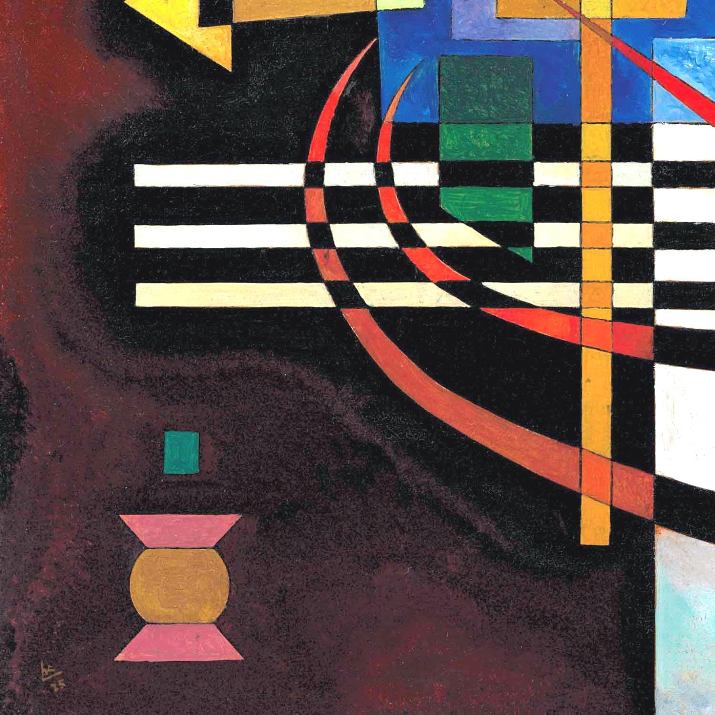 Abstract art piece with geometric shapes and bold colors on a dark background