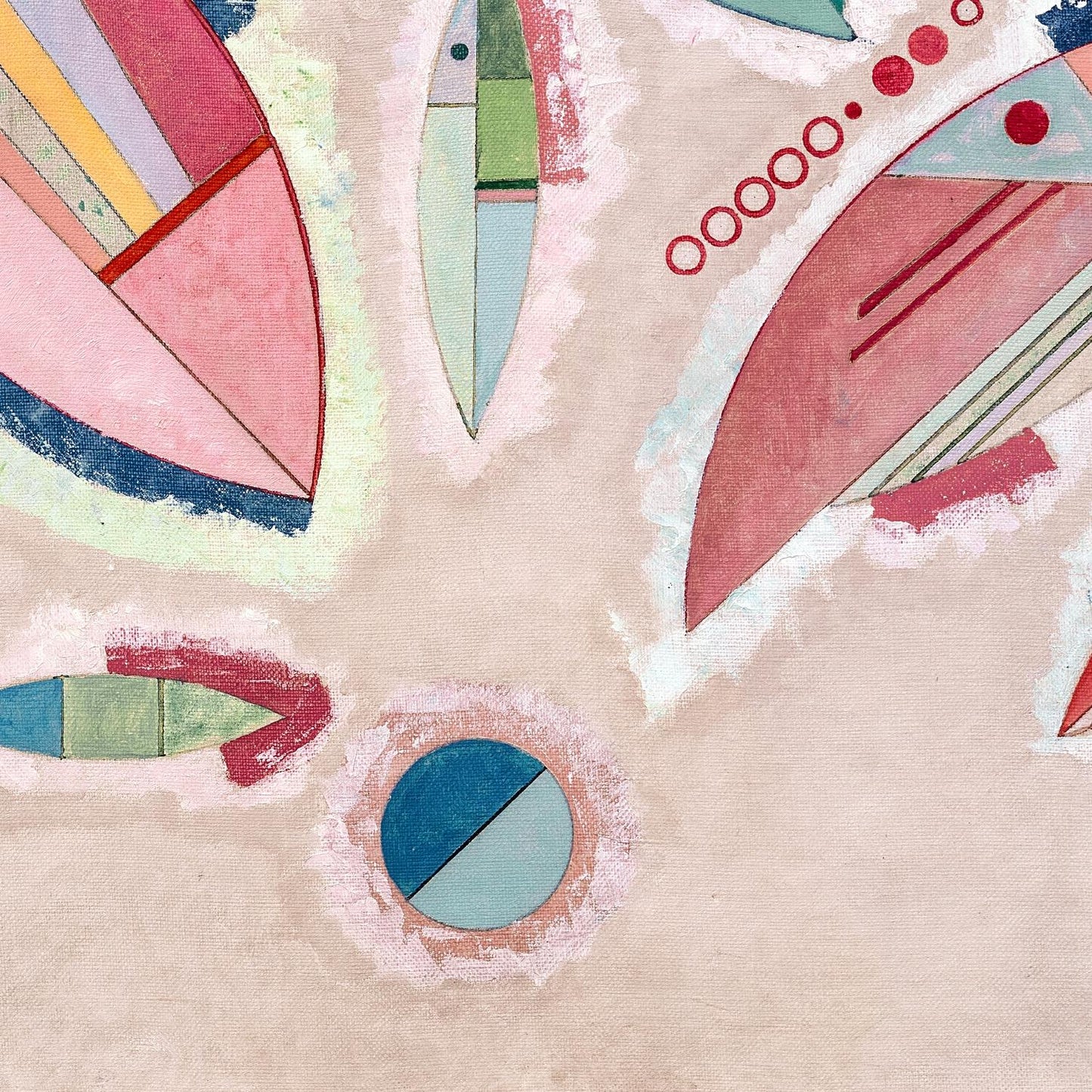 Abstract art with geometric shapes and pastel colors on a textured beige background