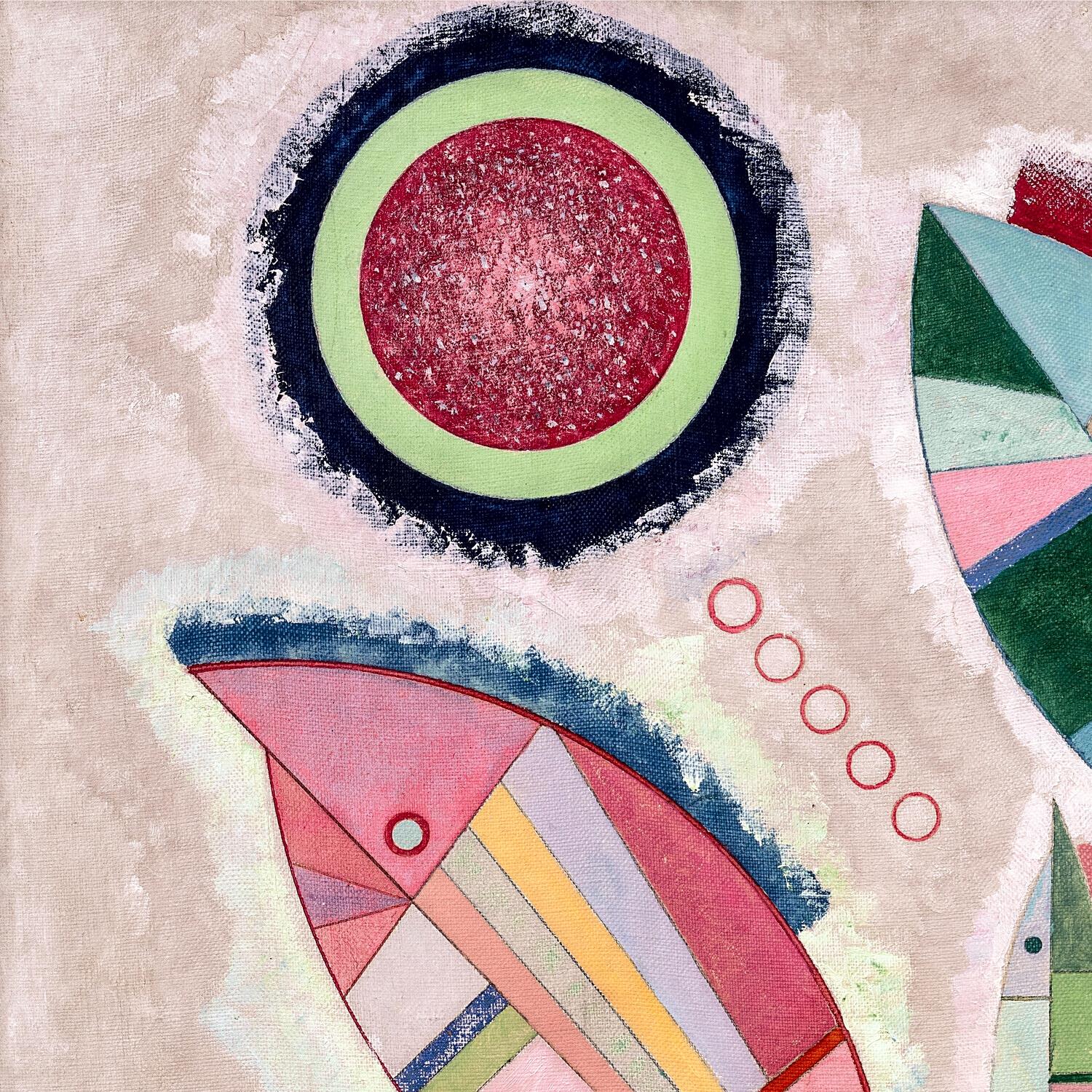 Abstract art piece with geometric shapes and vibrant colors on a textured beige background