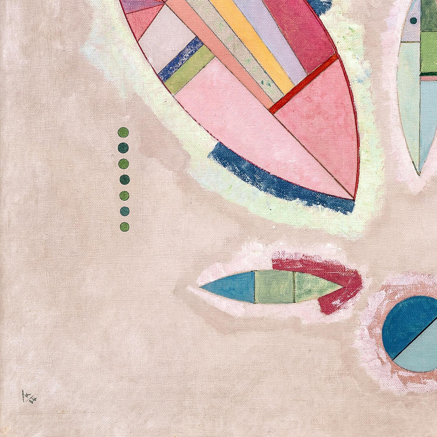 Abstract art piece with geometric shapes on a textured beige background