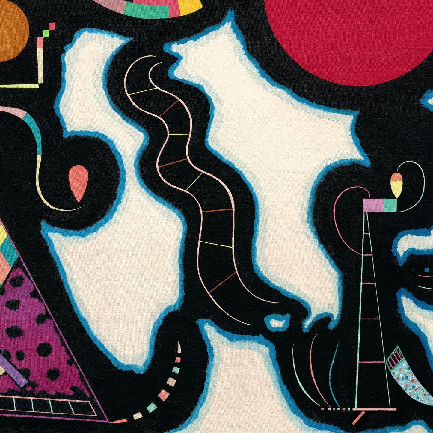 Abstract artwork with colorful shapes and lines on a black background