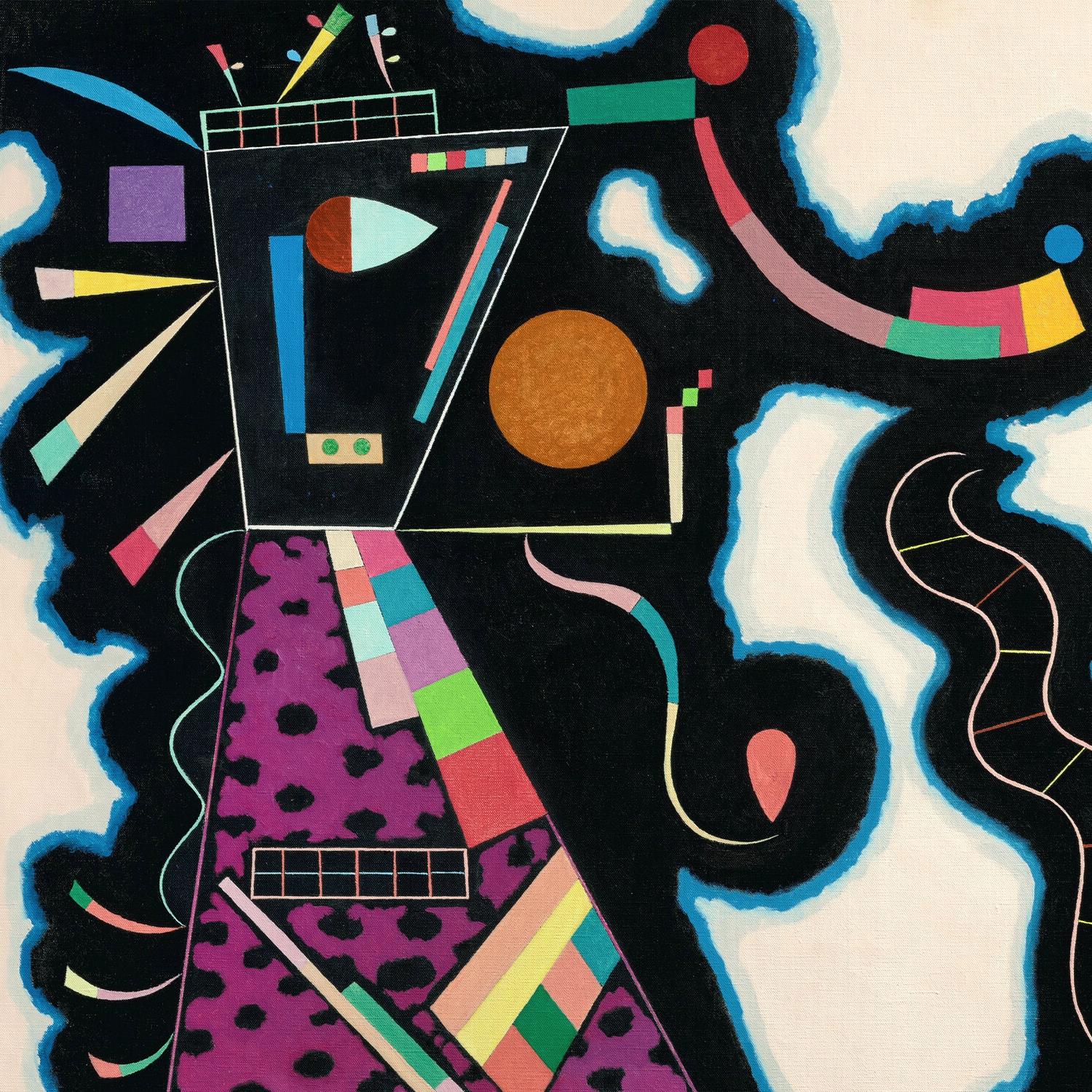 Abstract art piece with colorful geometric shapes on a black background