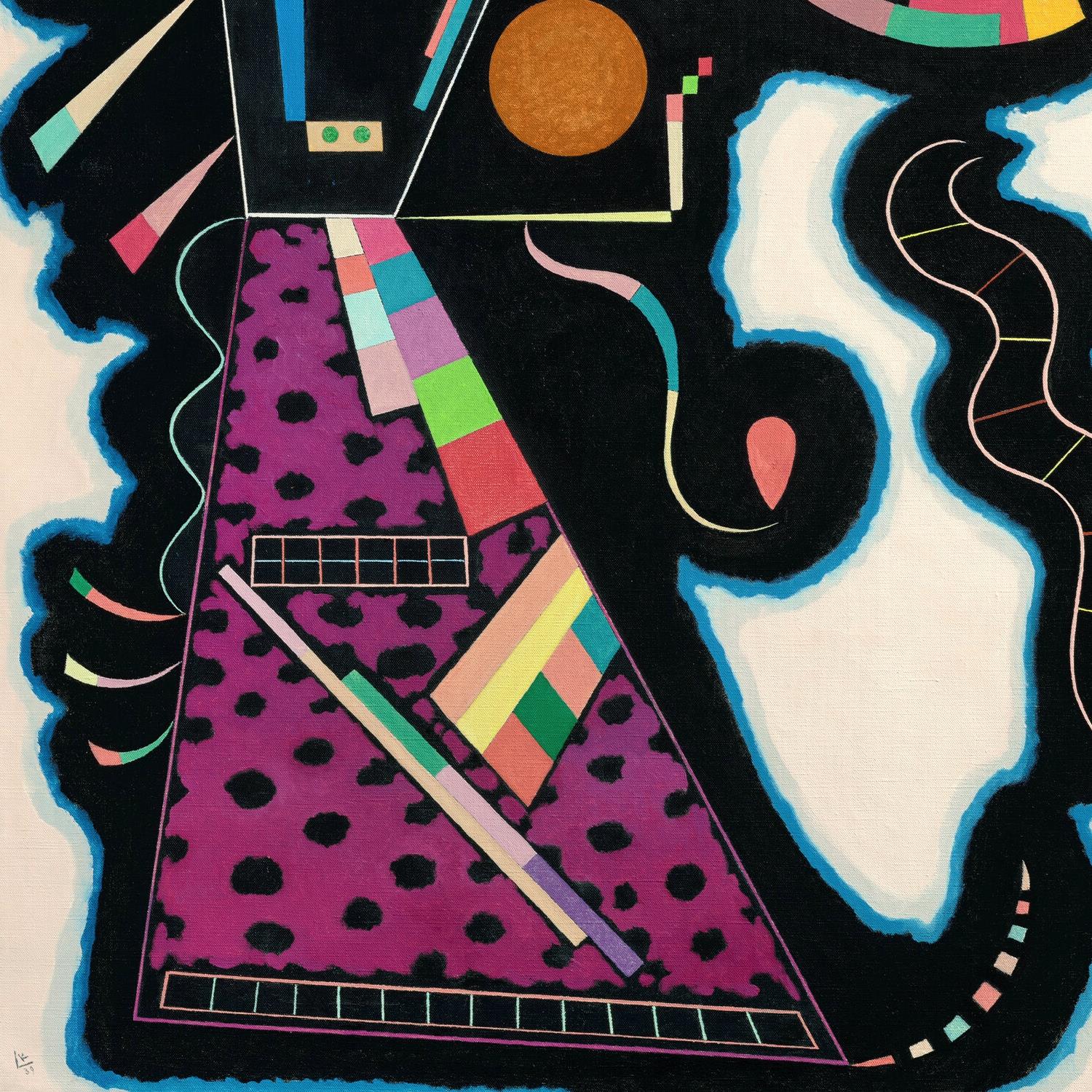 Abstract art piece with geometric shapes and vibrant colors on a black background