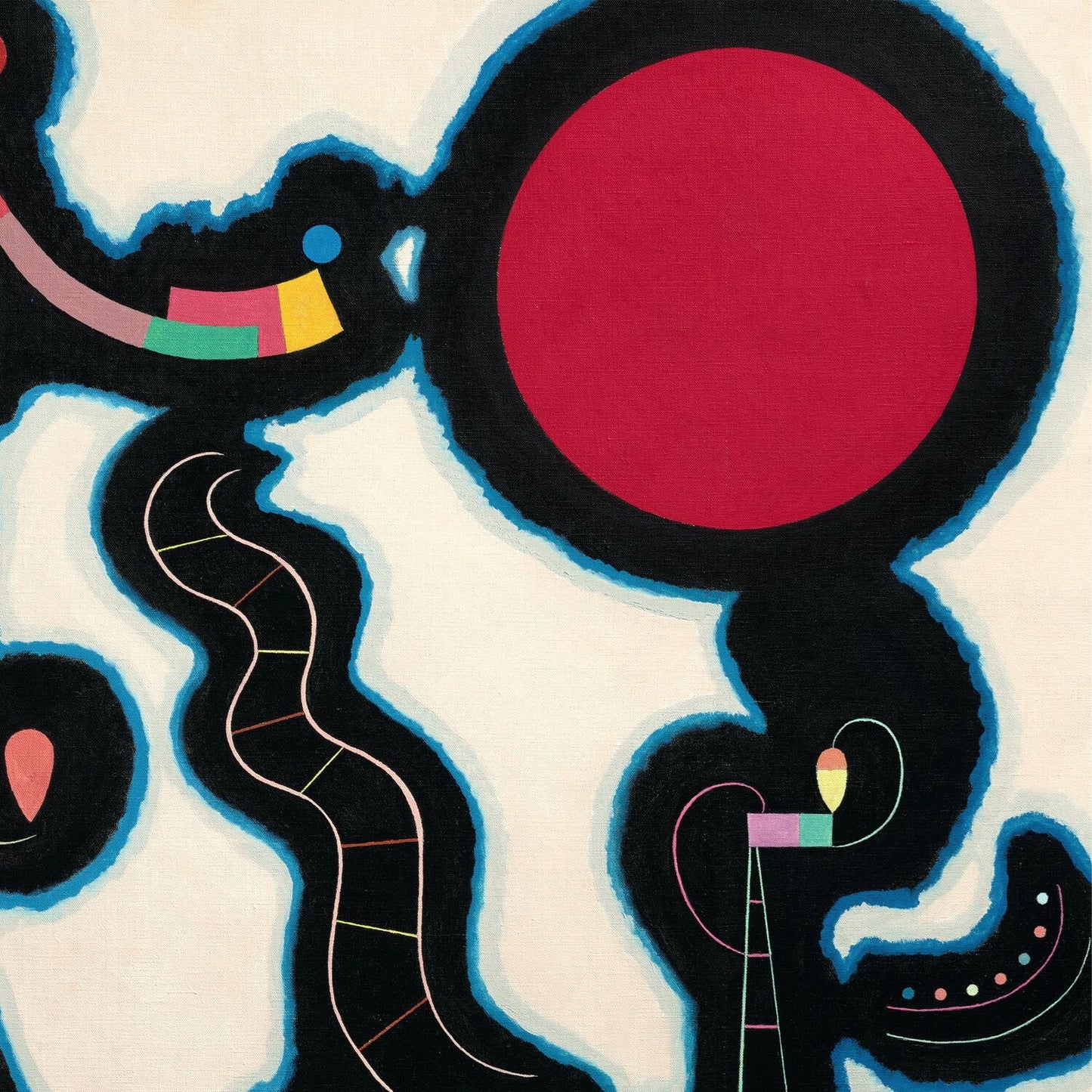 Abstract artwork with black, red, and colorful elements on a white background