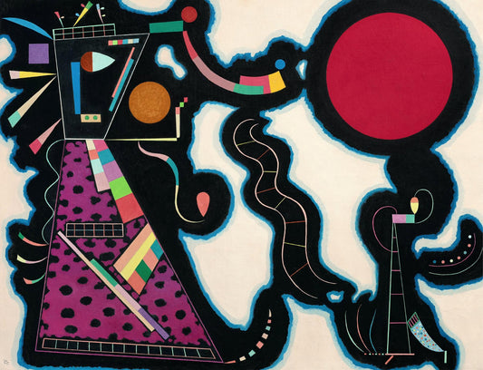 Abstract artwork with colorful geometric shapes and patterns on a white background