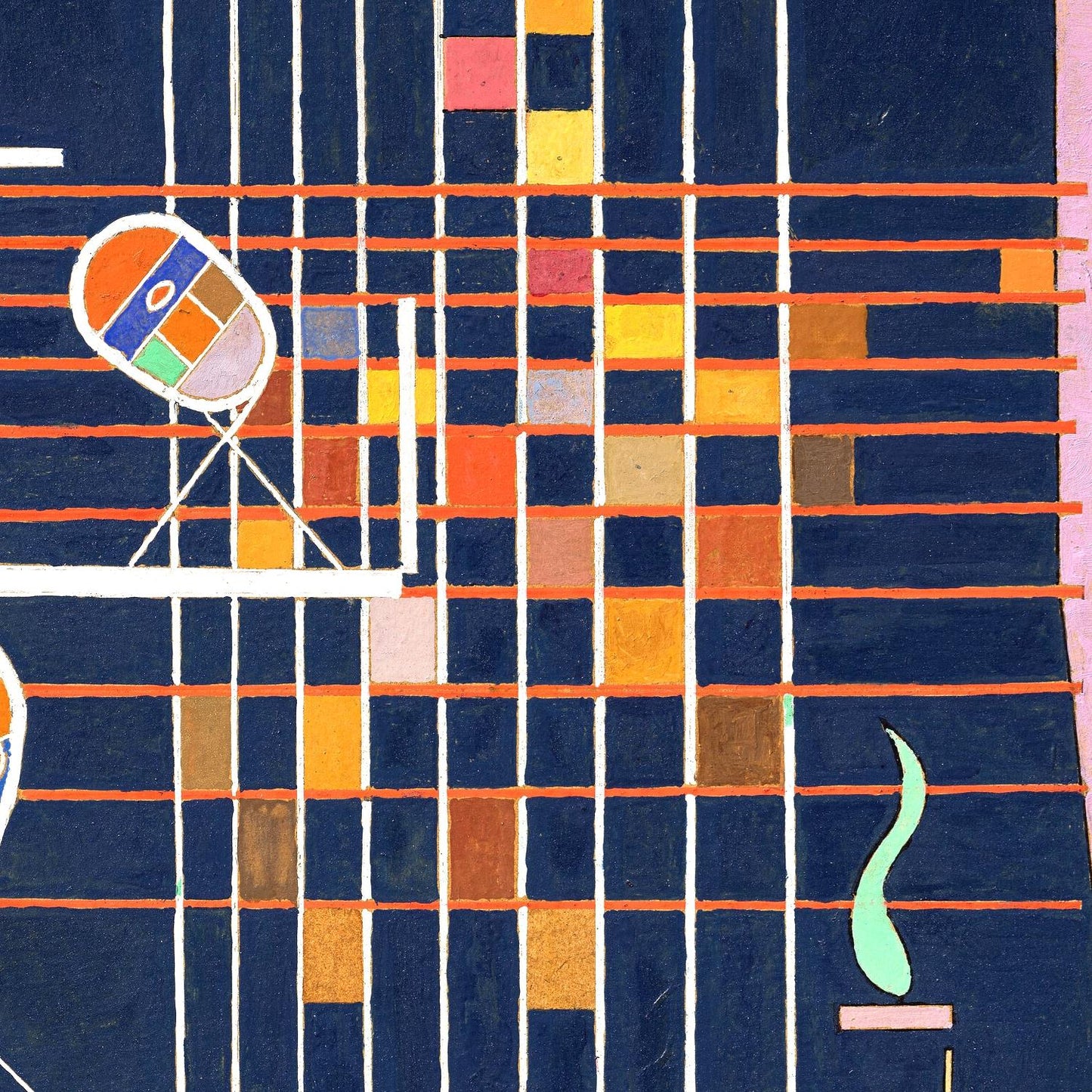 Abstract artwork with geometric shapes and lines on a blue background