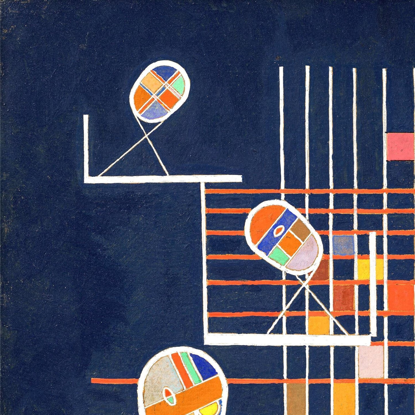 Abstract art piece with geometric shapes and lines on a dark blue background