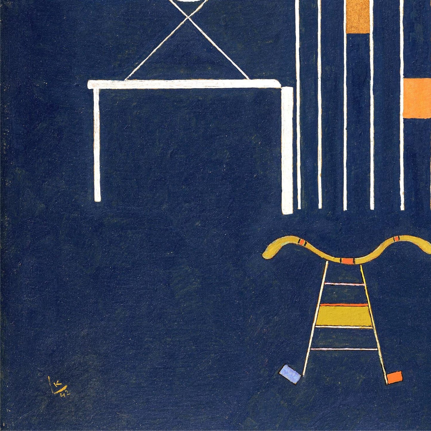 Abstract art piece with geometric shapes on a blue background