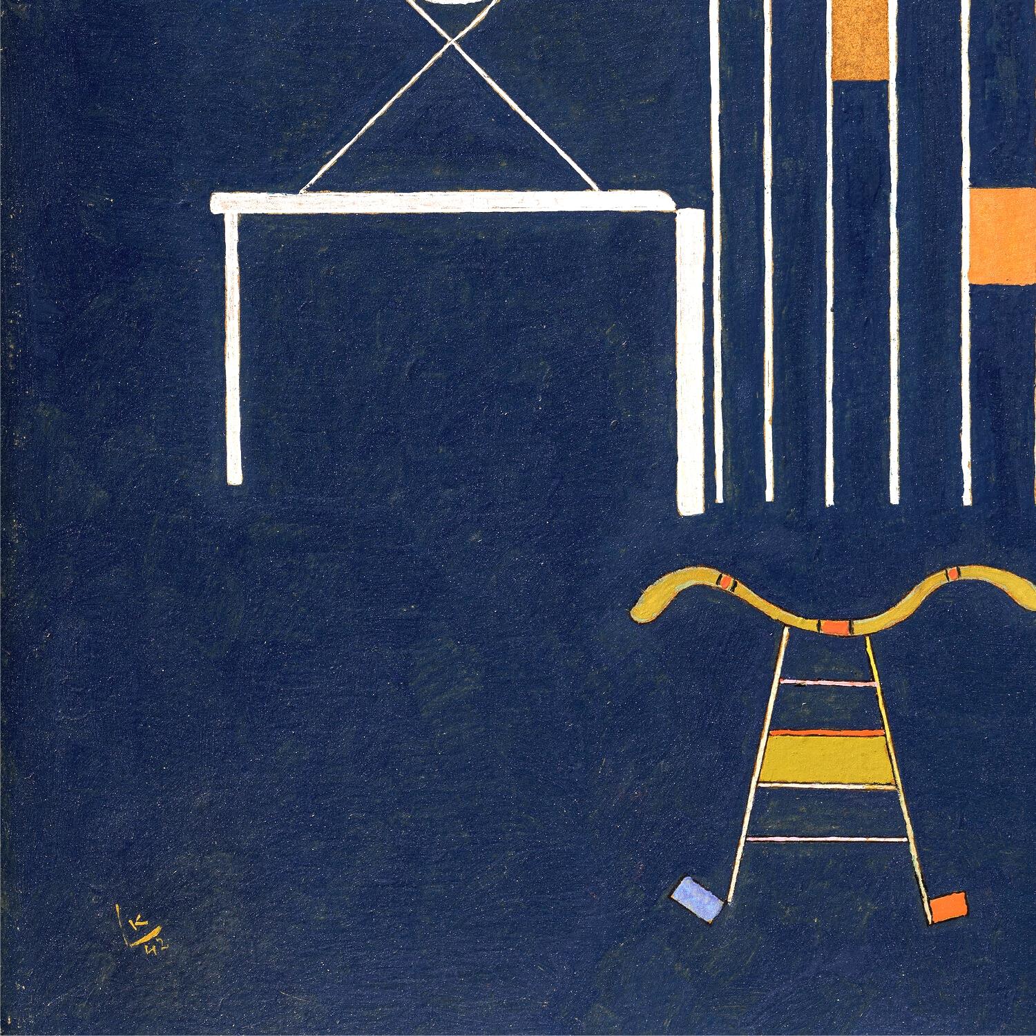 Abstract art piece with geometric shapes on a blue background