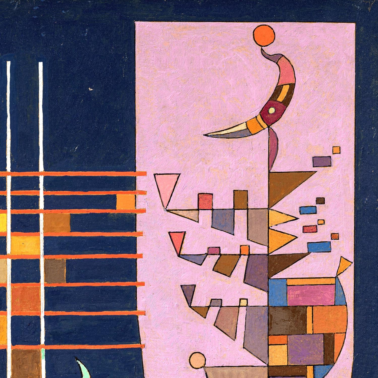 Abstract artwork with geometric shapes on a pink and blue background