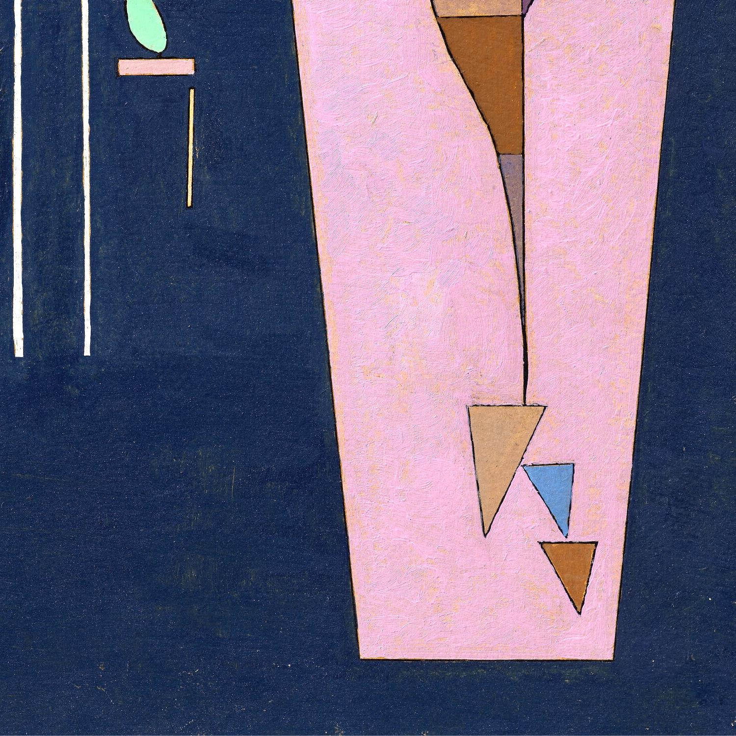 Abstract art piece with geometric shapes on a pink and blue background