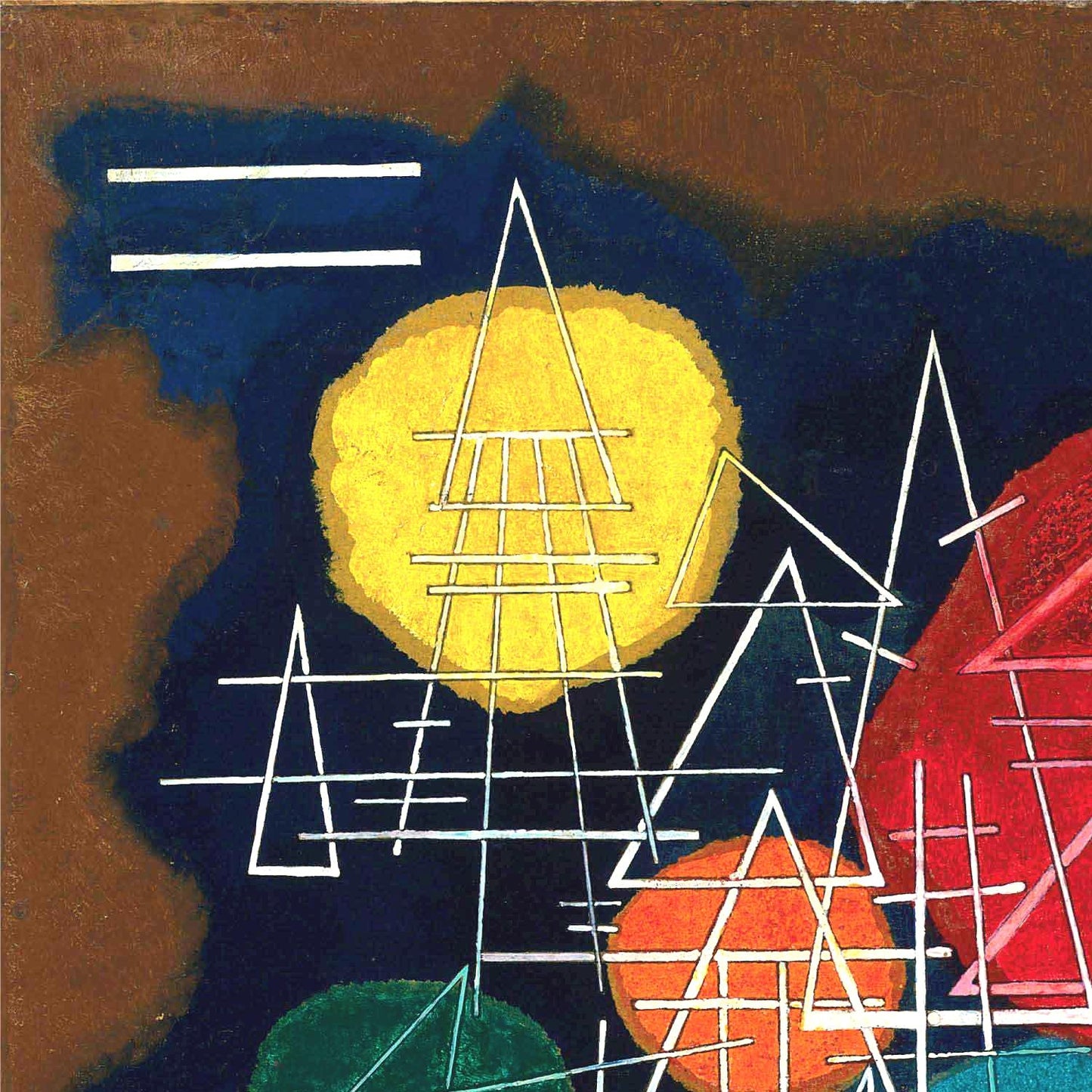 Abstract art piece with geometric shapes and contrasting colors on a brown background