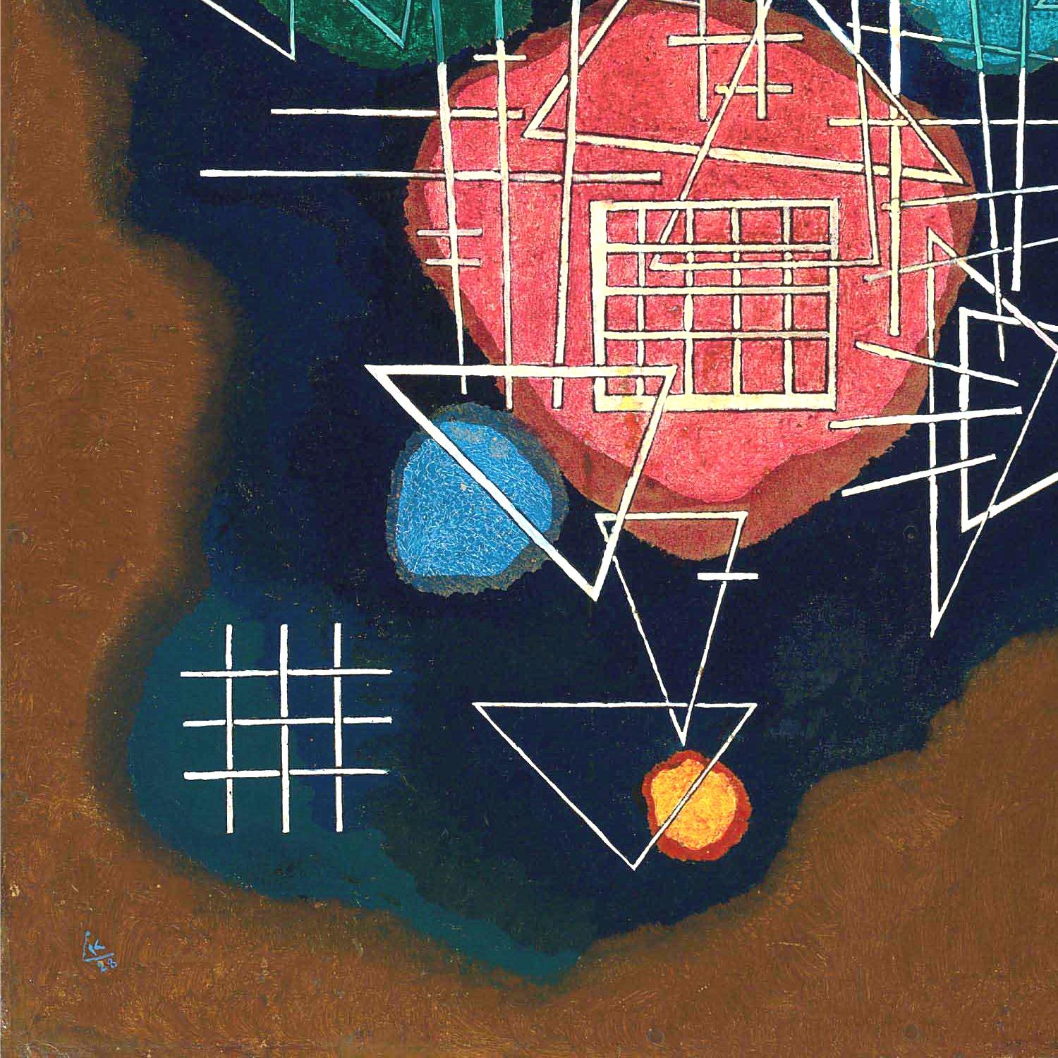 Abstract artwork with geometric shapes and colors on a dark background