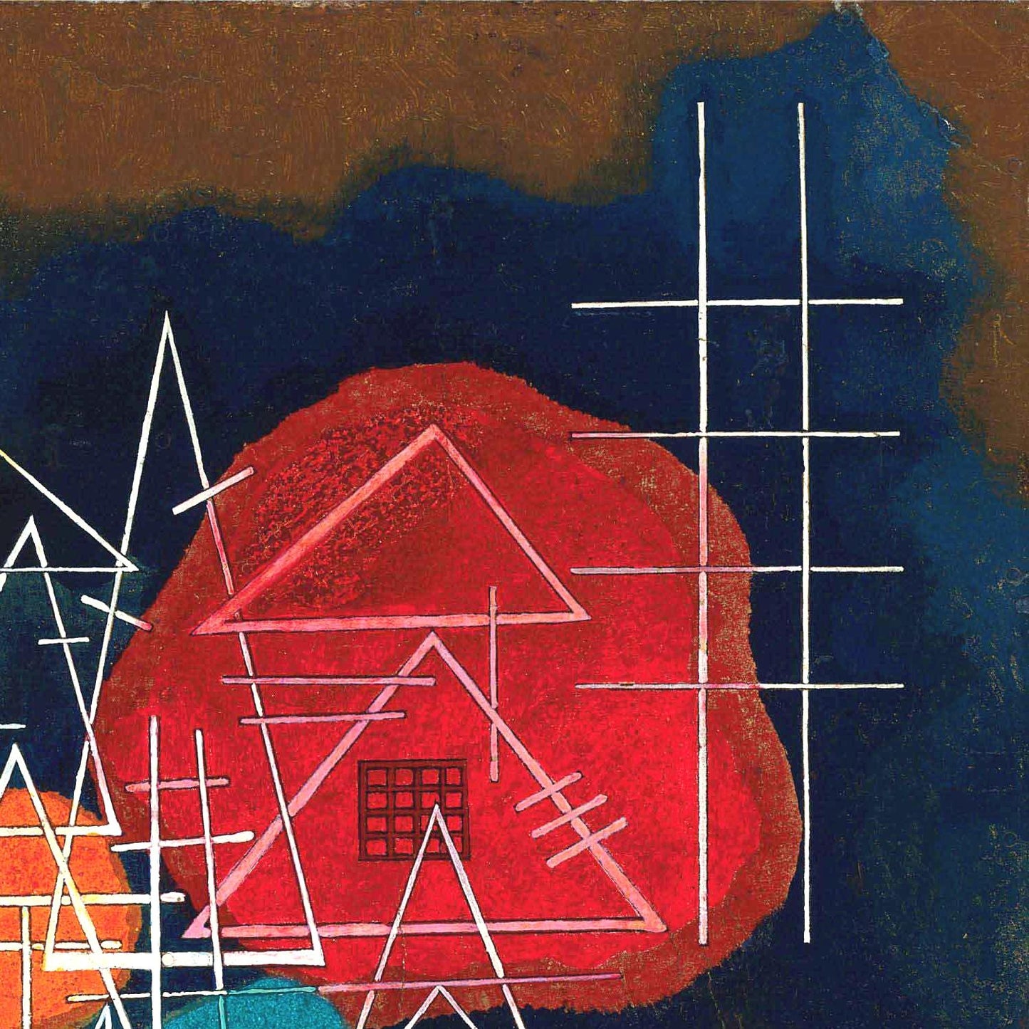 Abstract artwork with a red house-like shape and geometric lines on a dark background