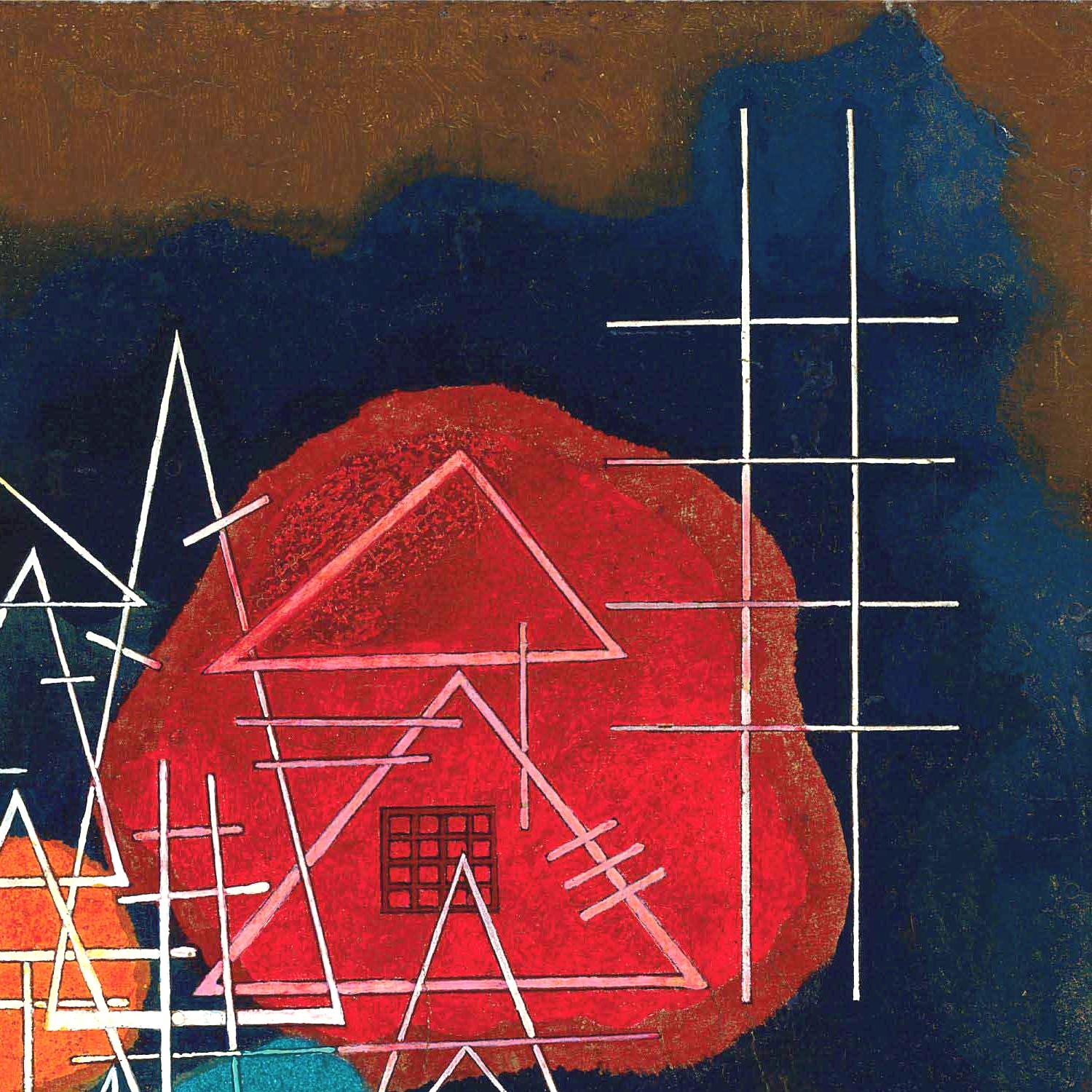 Abstract artwork with a red house-like shape and geometric lines on a dark background